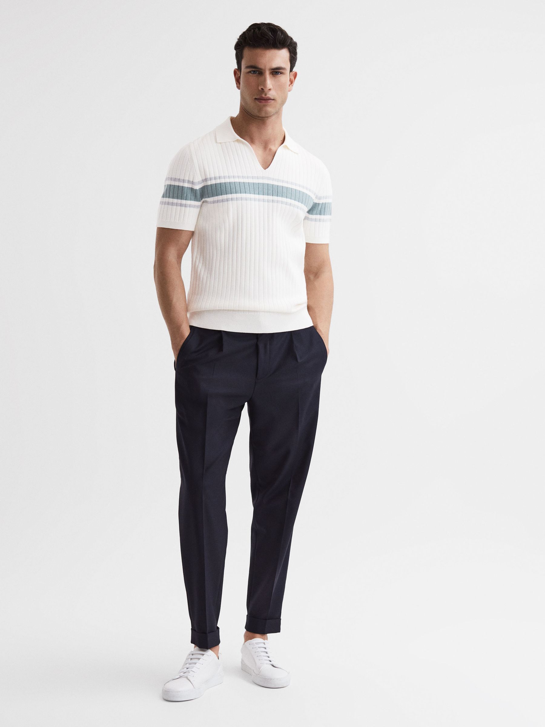 Slim Fit Ribbed Open Collar Shirt in Off White - Image 3 of 5