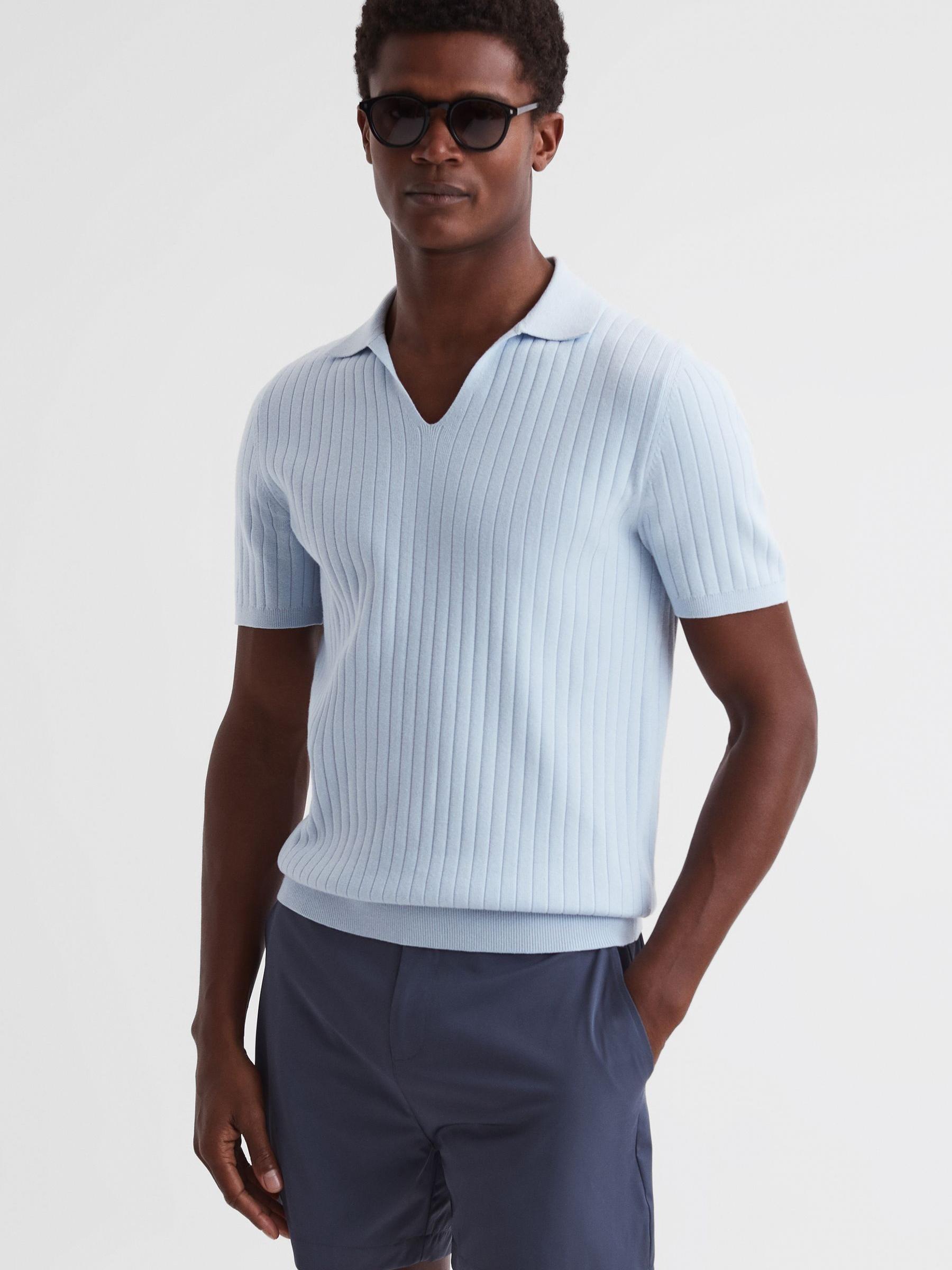 Slim Fit Open Collar Polo Shirt in Soft Blue - Image 1 of 4