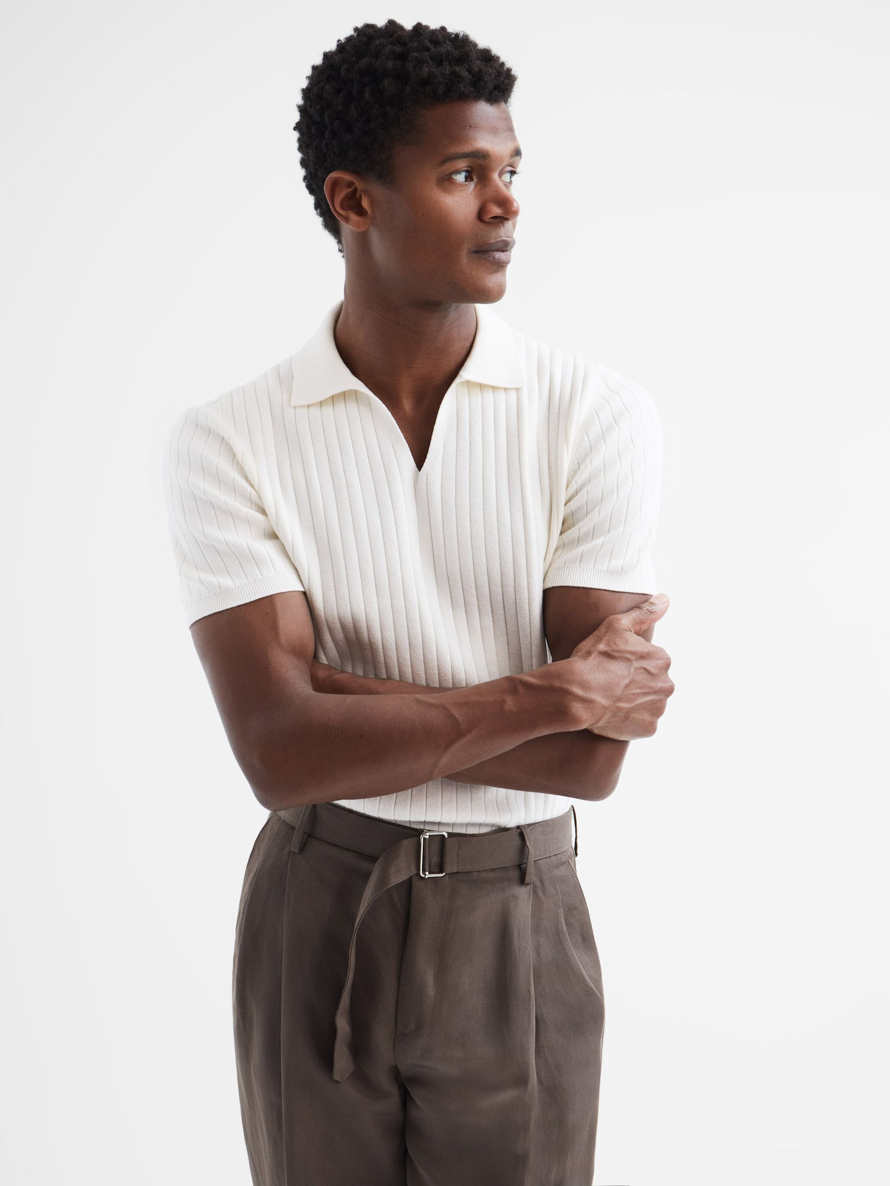 Zip Front Striped Polo Shirt in Ecru - Image 1 of 6