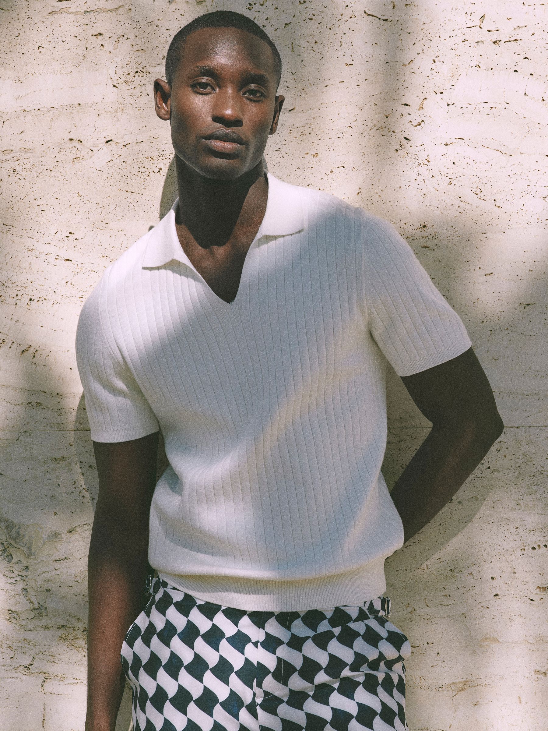 Zip Front Striped Polo Shirt in Ecru - Image 3 of 6
