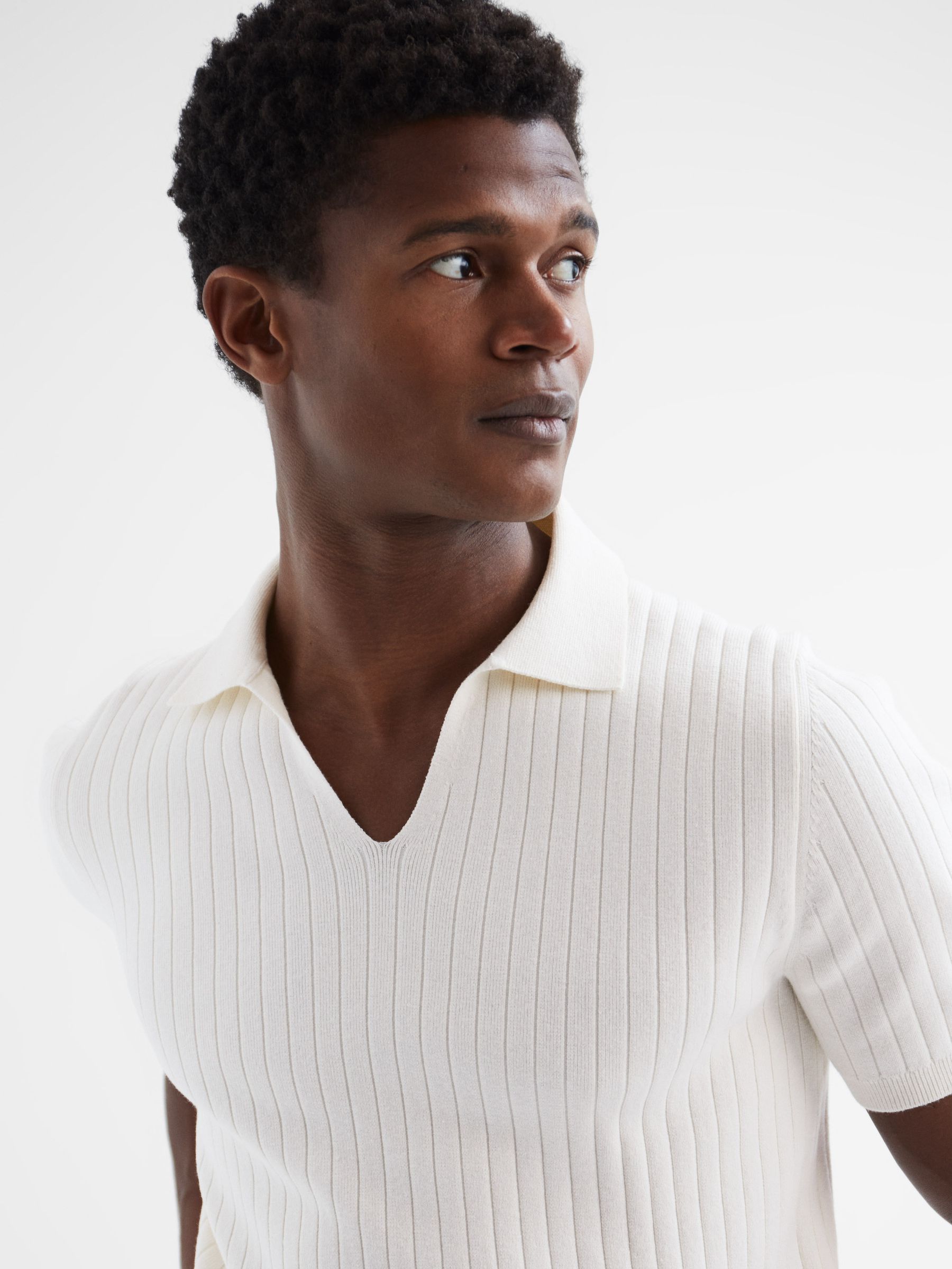 Zip Front Striped Polo Shirt in Ecru - Image 4 of 6
