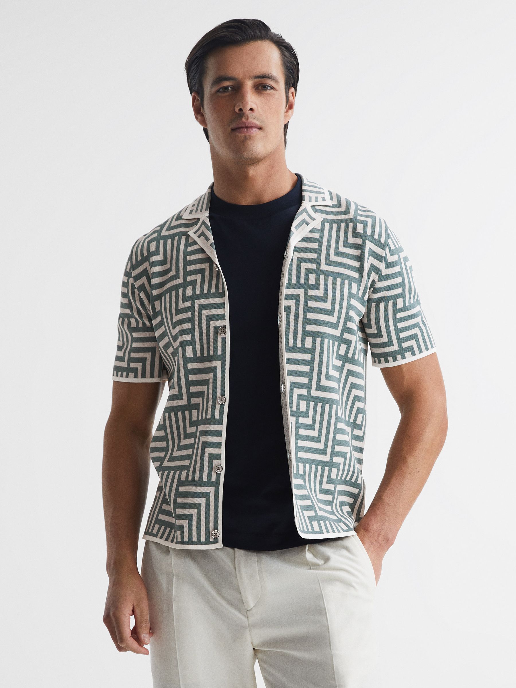 Abstract Printed Cuban Collar Shirt in Sage - Image 1 of 6 Abstract Printed Cuban Collar Shirt in Sage - Image 1 of 6