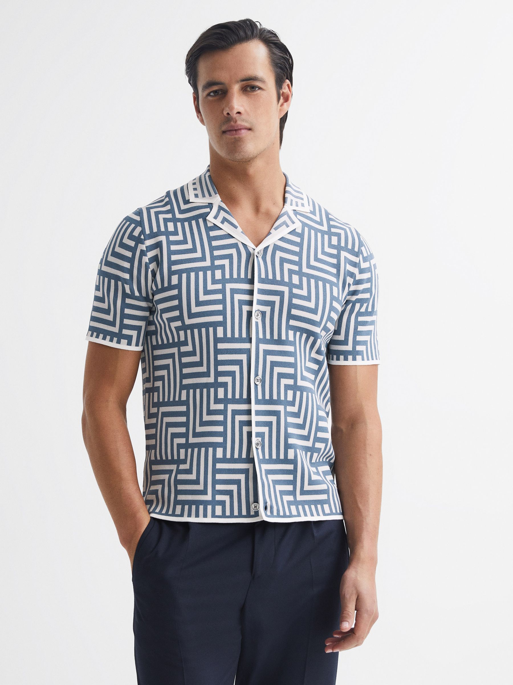 Abstract Printed Cuban Collar Shirt in Airforce Blue - Image 1 of 5