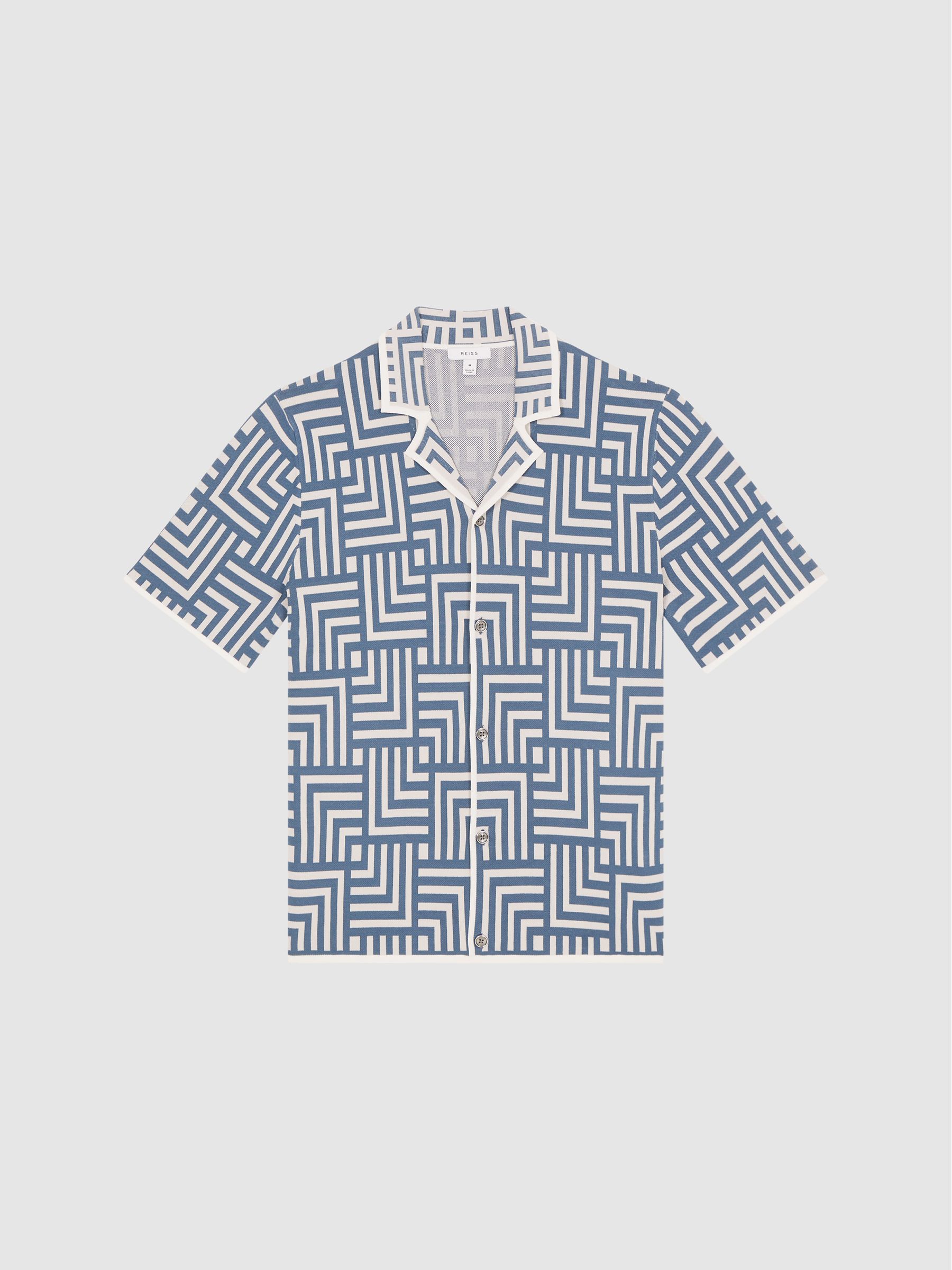 Abstract Printed Cuban Collar Shirt in Airforce Blue - Image 2 of 5