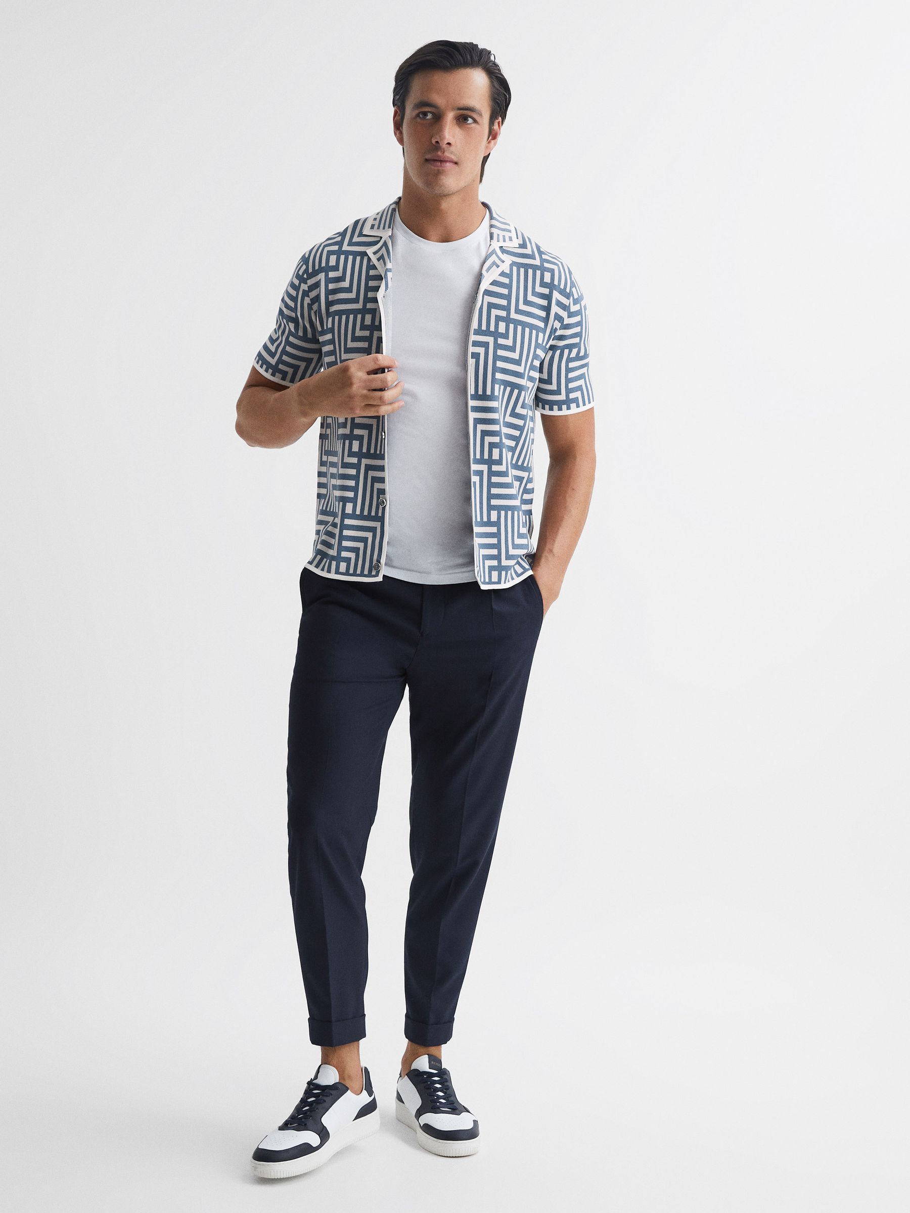 Abstract Printed Cuban Collar Shirt in Airforce Blue - Image 3 of 5