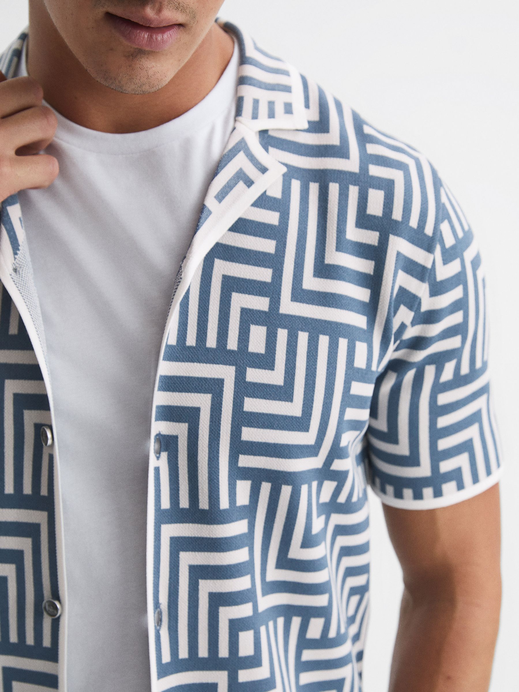 Abstract Printed Cuban Collar Shirt in Airforce Blue - Image 4 of 5