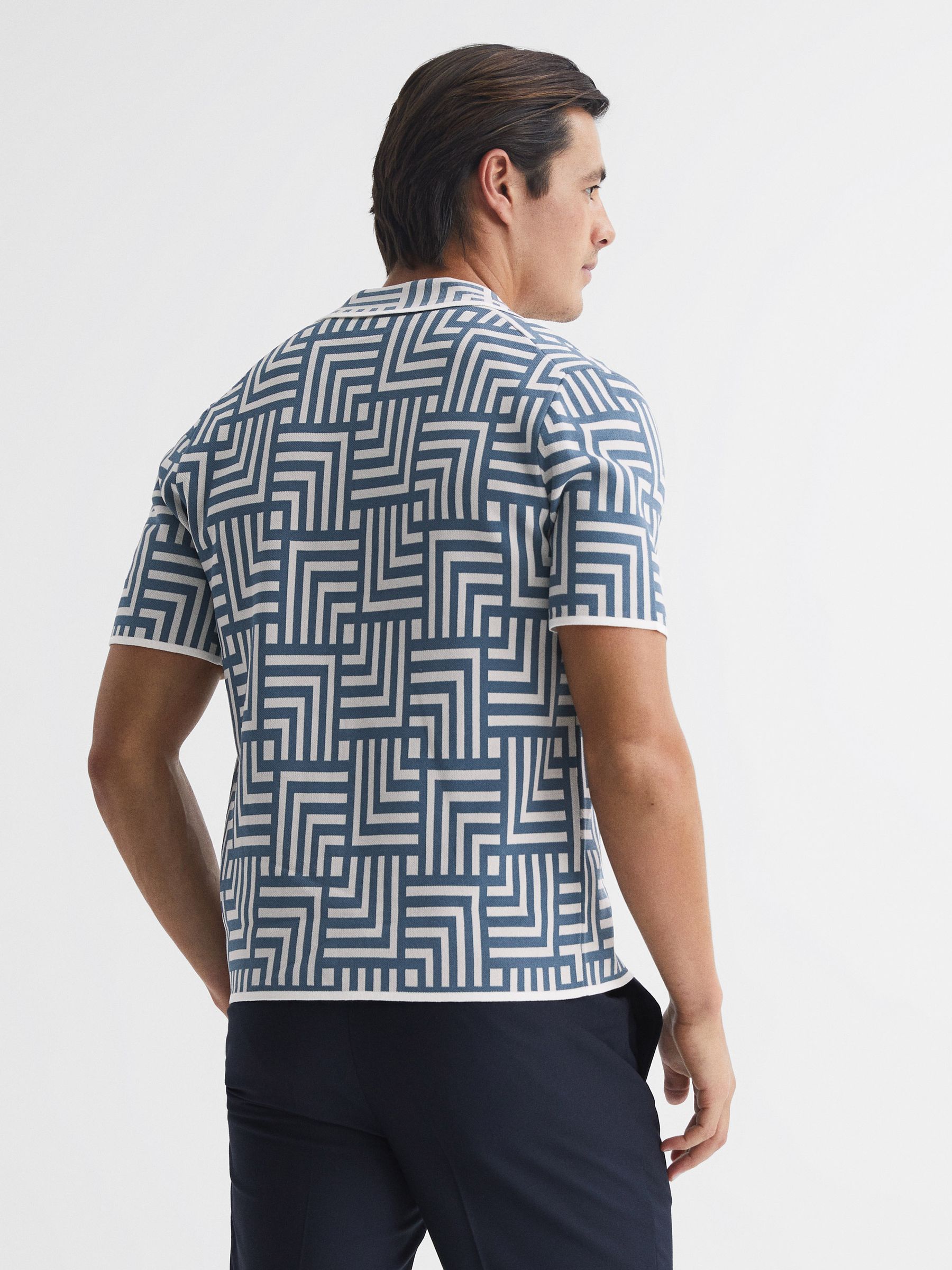 Abstract Printed Cuban Collar Shirt in Airforce Blue - Image 5 of 5