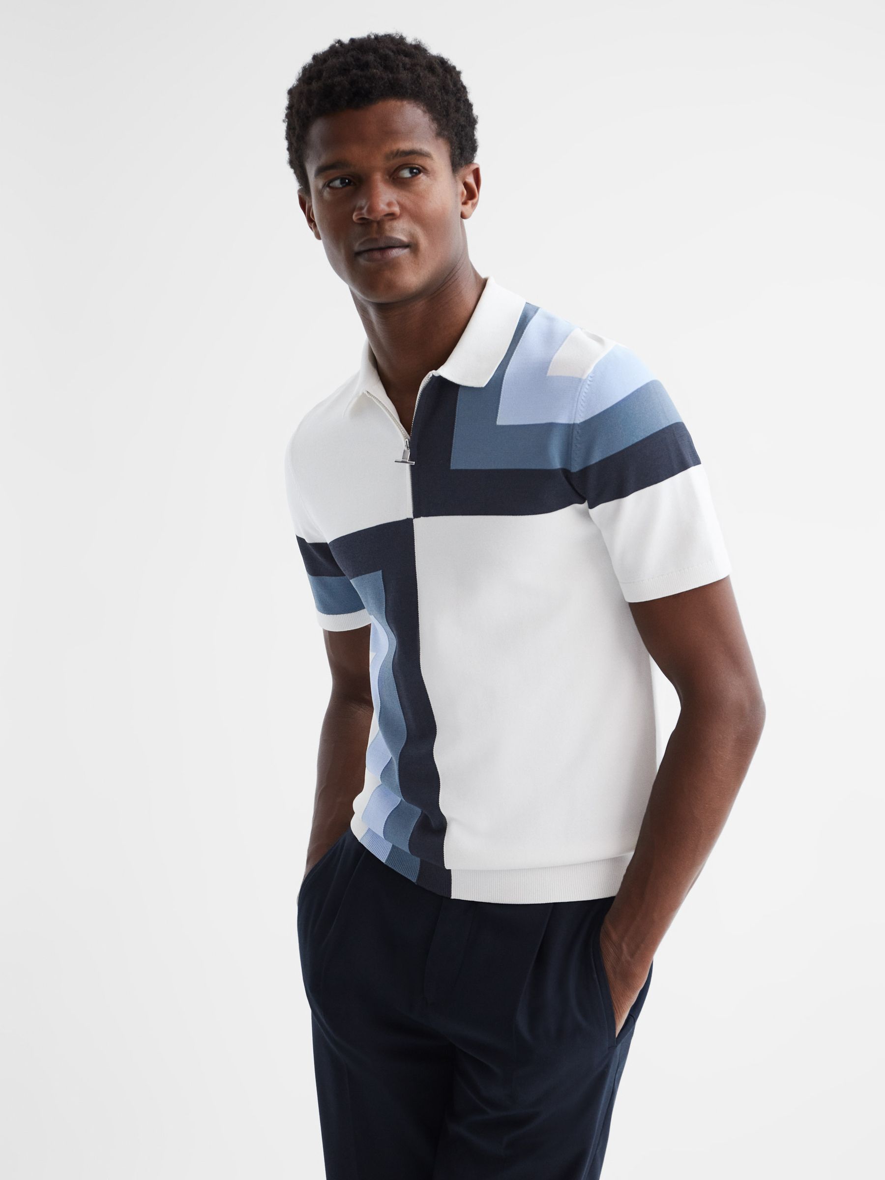 Slim Fit Short Sleeve Half Zip Colourblock Polo Shirt in Optic White - Image 1 of 6