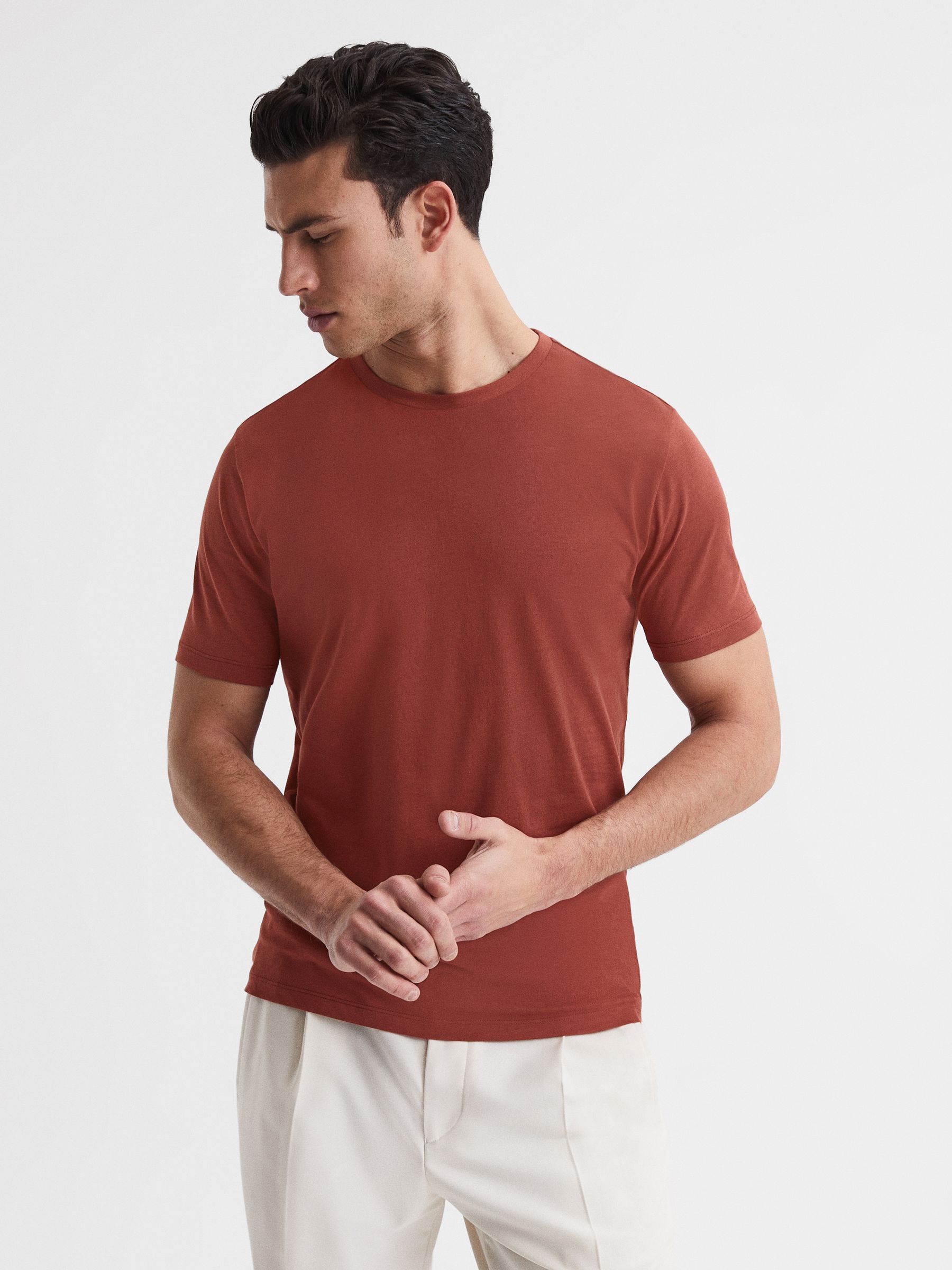 Cotton Crew Neck T-Shirt in Sienna - Image 1 of 6