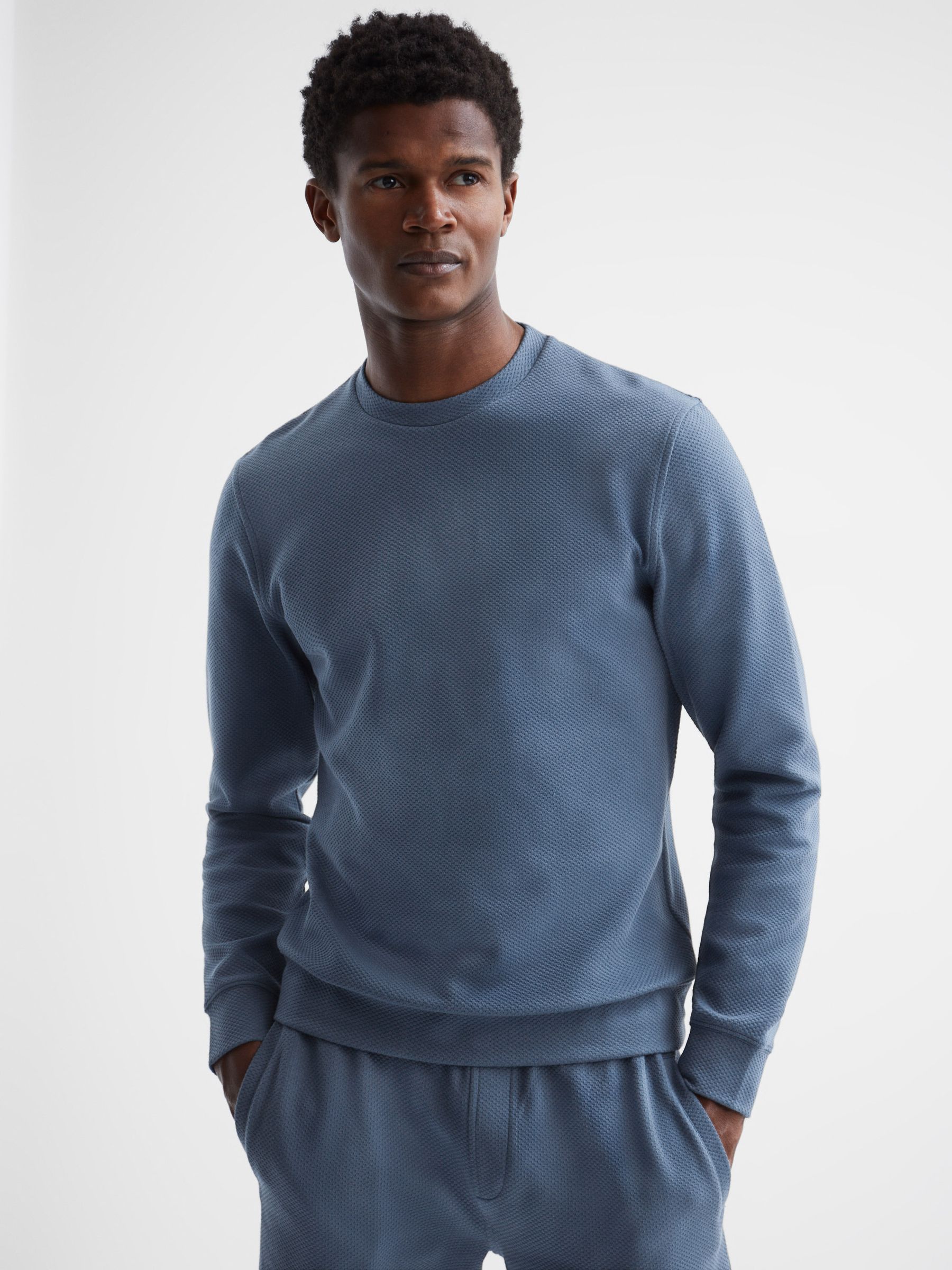 Long Sleeve Textured Crew Neck Jumper in Airforce Blue - Image 1 of 5