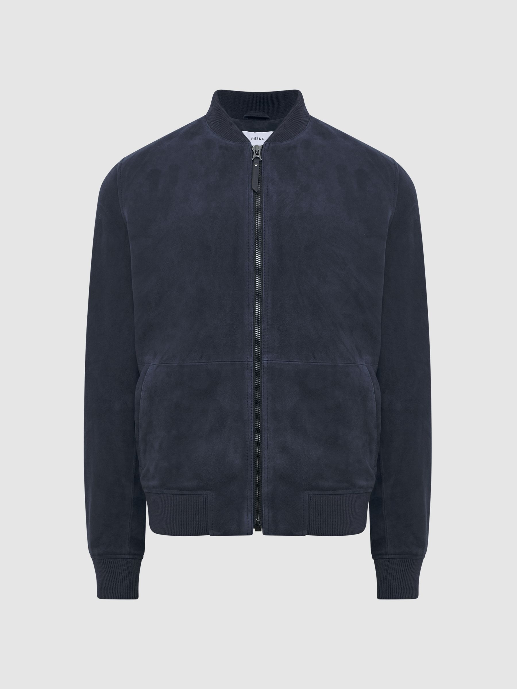 Suede Zip Through Bomber Jacket in Denim Blue - Image 2 of 5