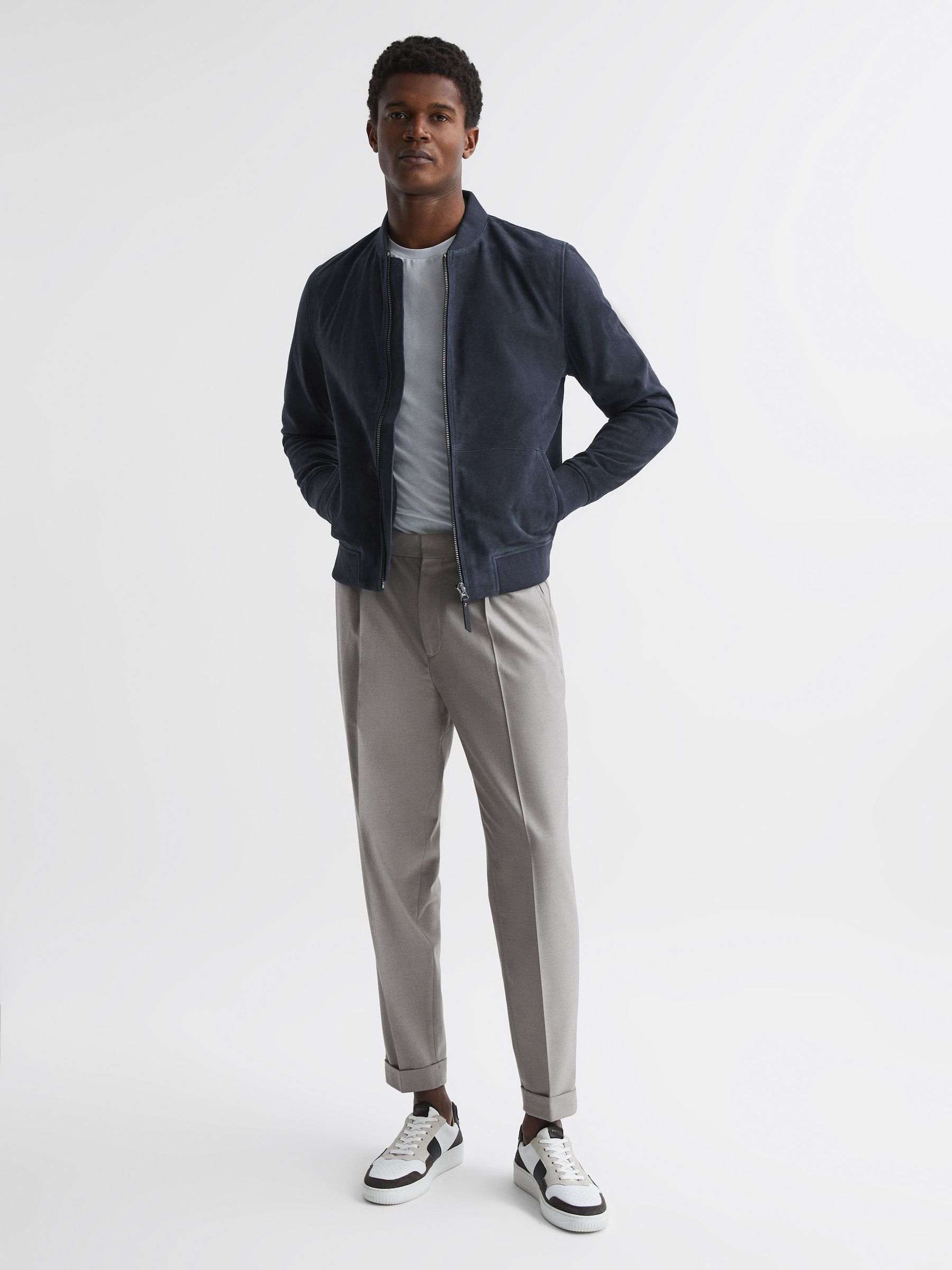 Suede Zip Through Bomber Jacket in Denim Blue - Image 3 of 5
