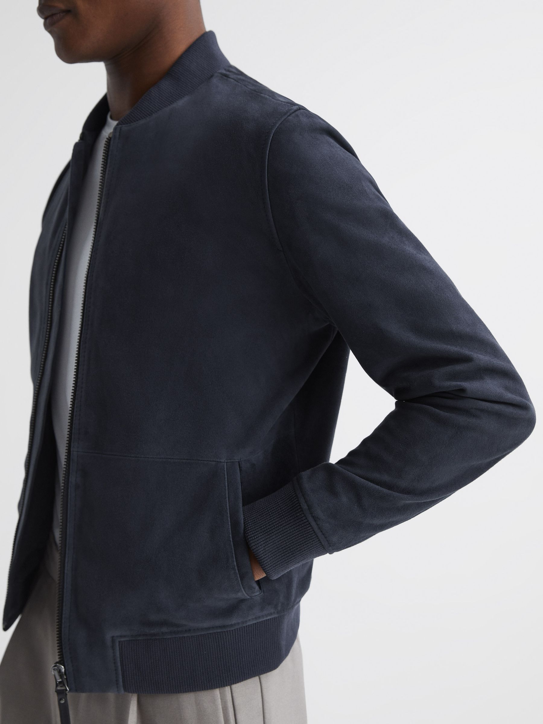 Suede Zip Through Bomber Jacket in Denim Blue - Image 4 of 5