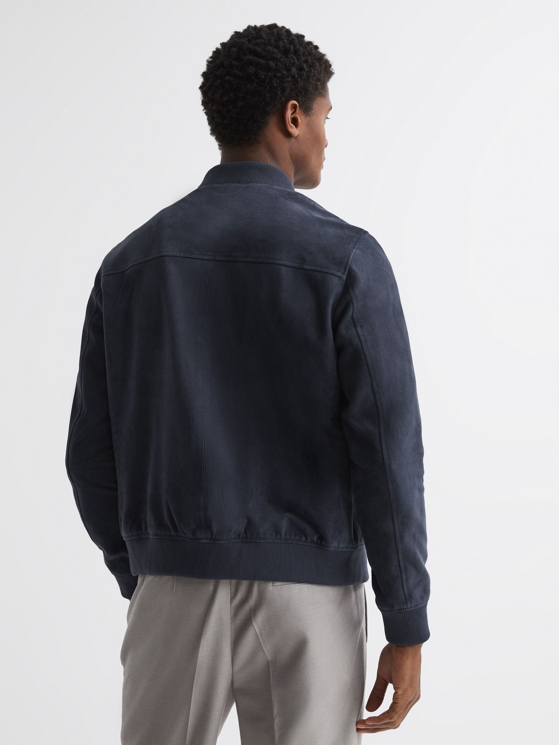 Suede Zip Through Bomber Jacket in Denim Blue - Image 5 of 5