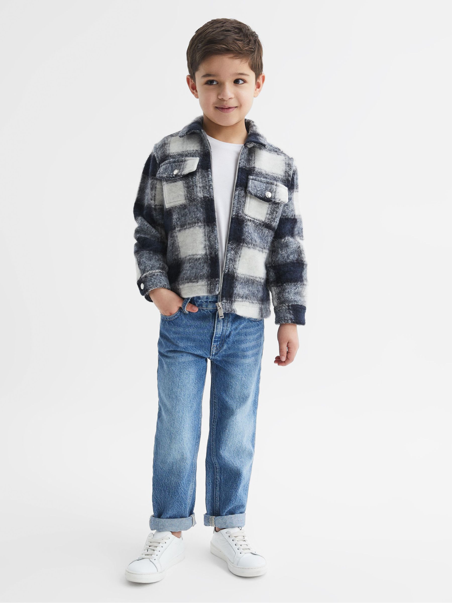 Checked Zip Up Overshirt in Blue/White - Image 1 of 6