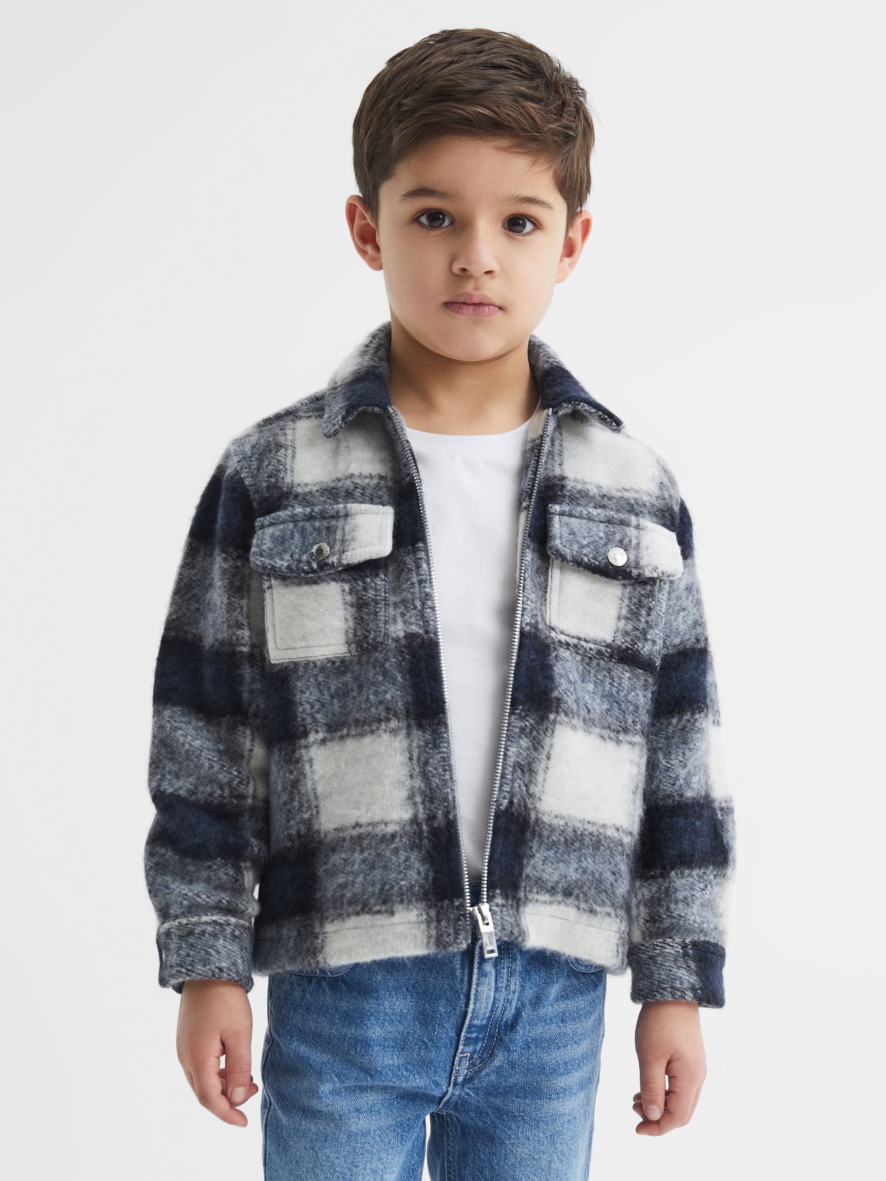 9-12 yrs Checked Zip Up Overshirt in Blue/White - Image 1 of 6 9-12 yrs Checked Zip Up Overshirt in Blue/White - Image 1 of 6