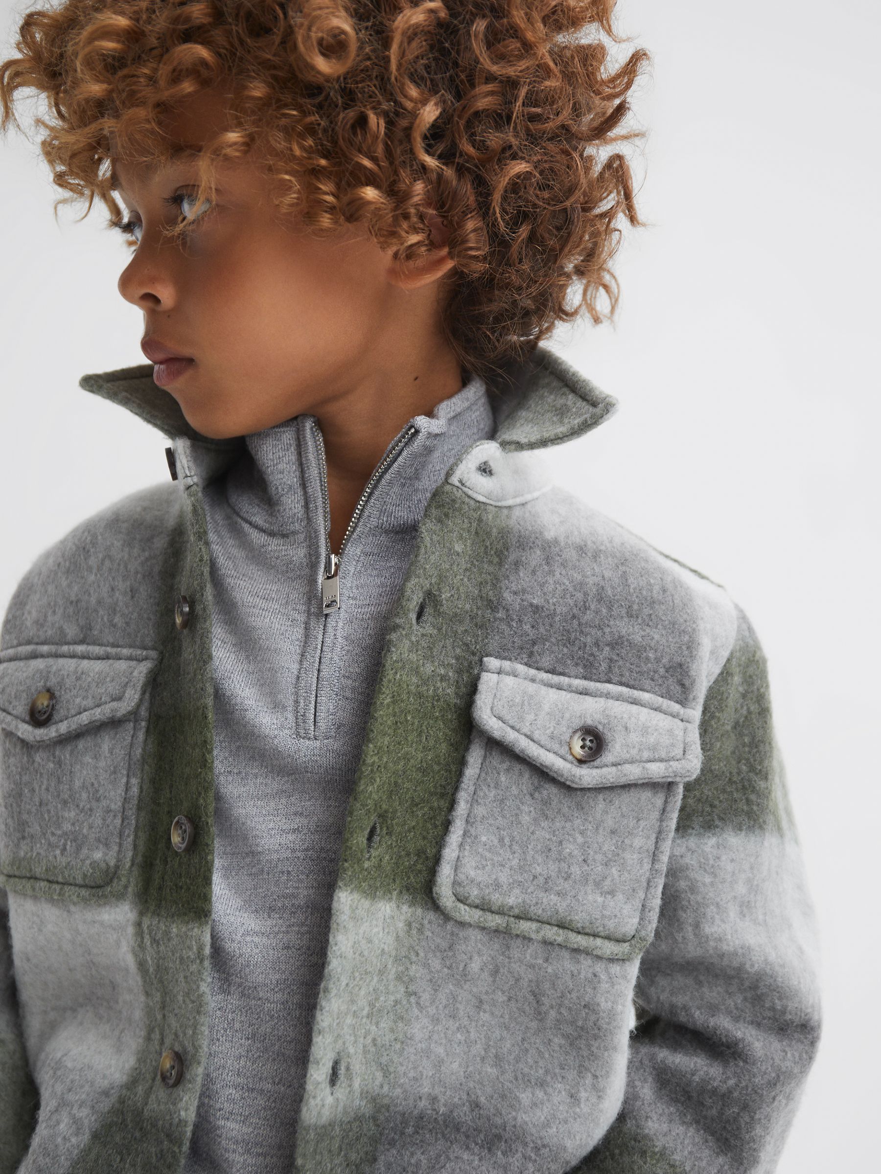 Junior Long Sleeve Brushed Overshirt in Green/Ecru - Image 1 of 6