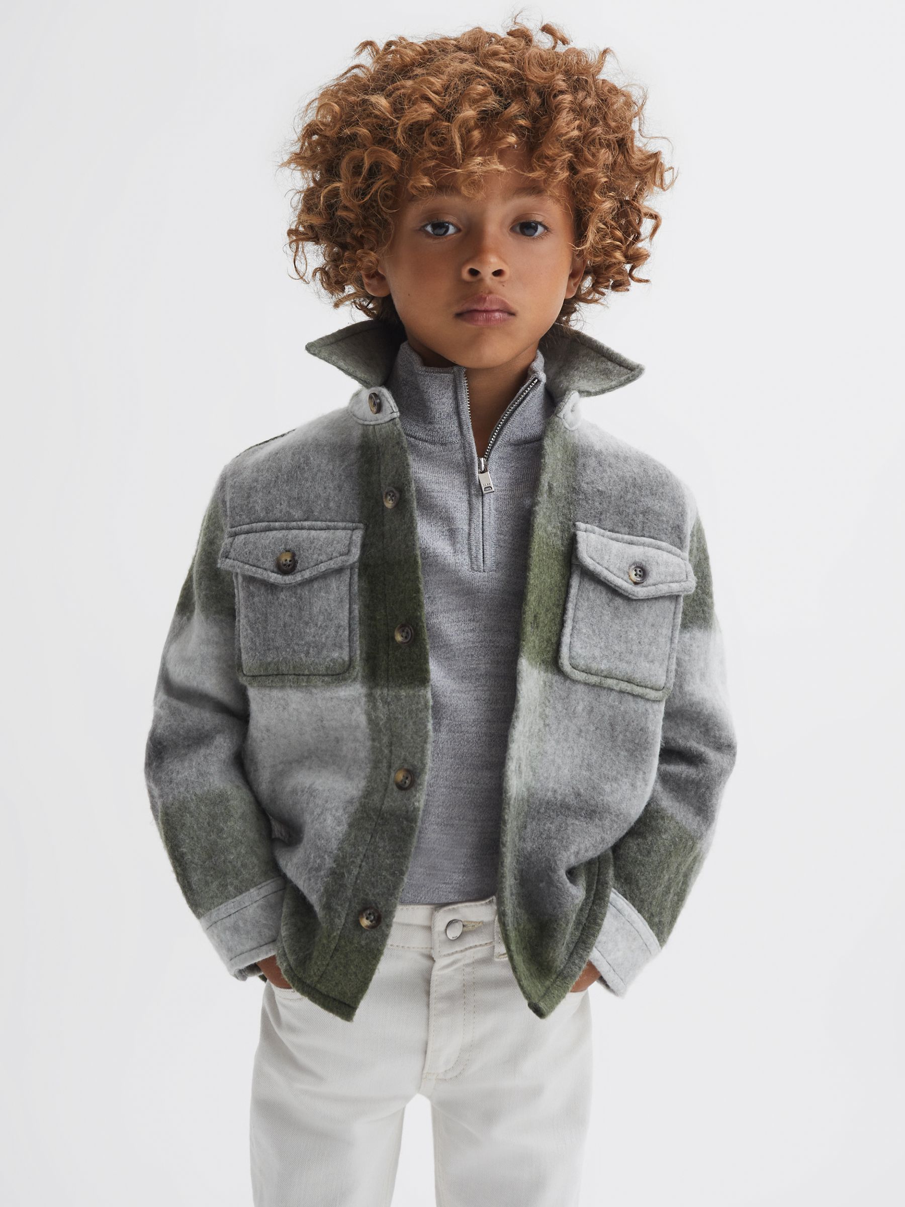 Junior Long Sleeve Brushed Overshirt in Green/Ecru - Image 3 of 6