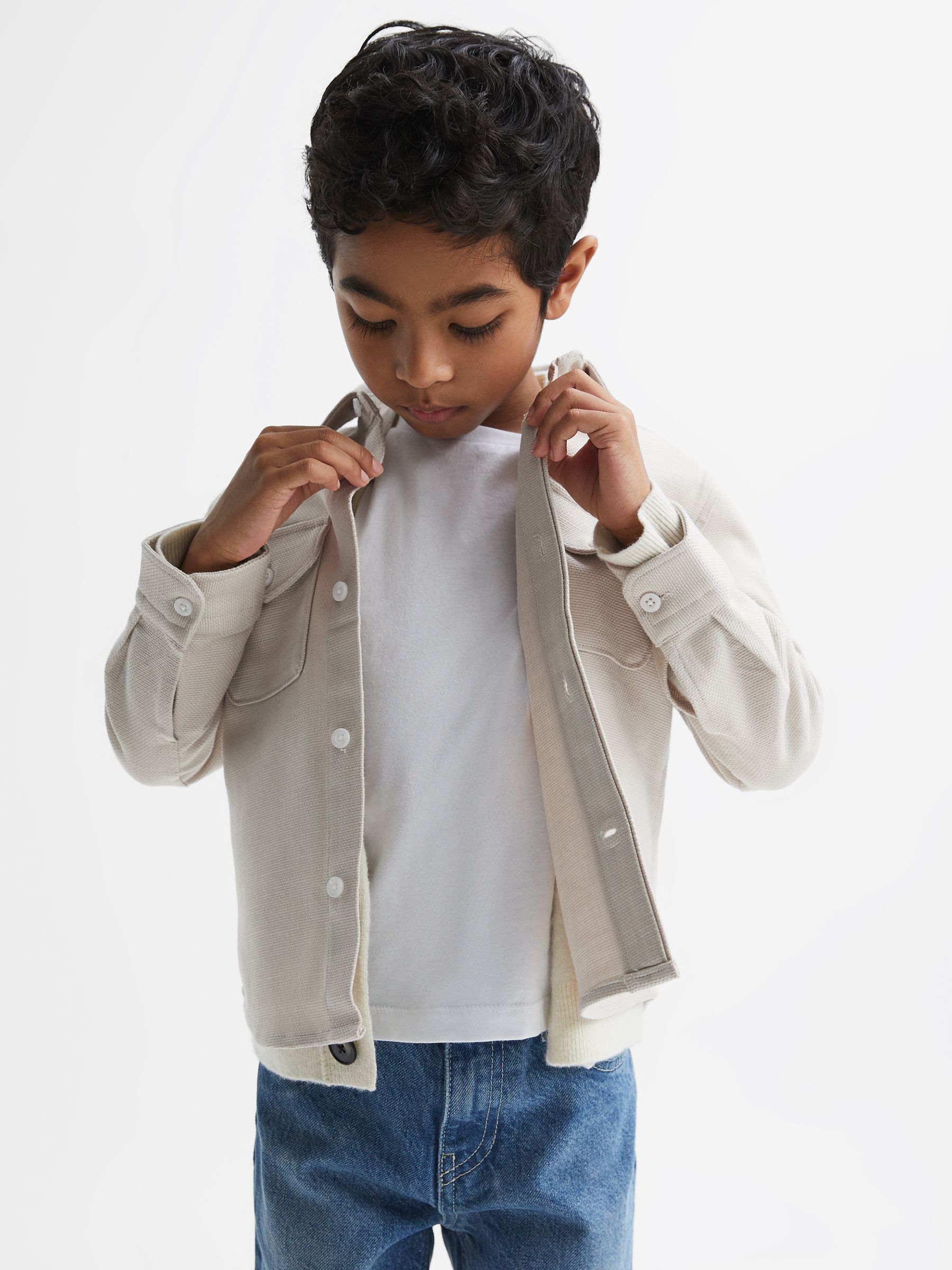 Junior Long Sleeve Textured Overshirt in Stone - Image 1 of 6 Junior Long Sleeve Textured Overshirt in Stone - Image 1 of 6