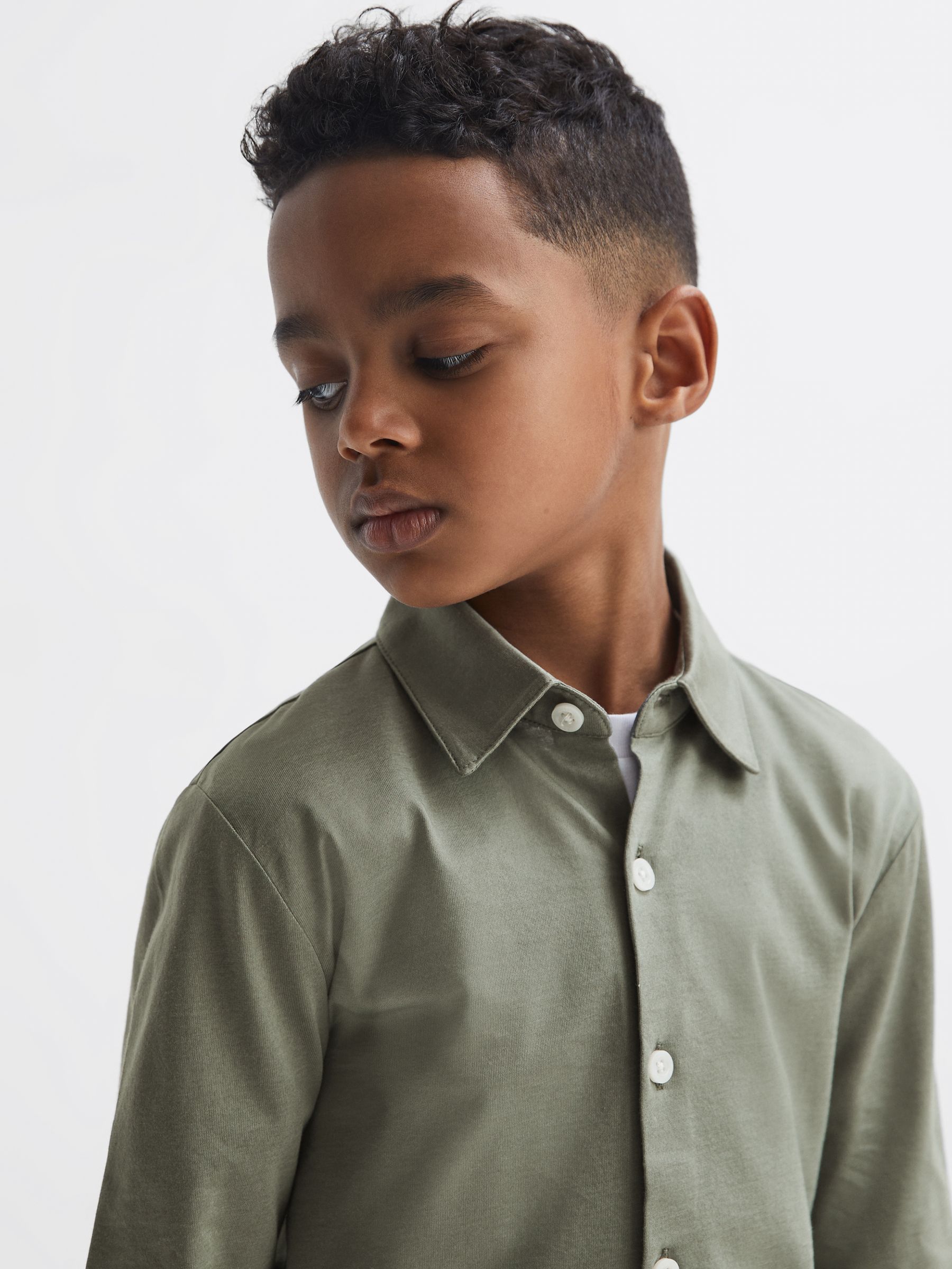Cotton Button-Through Shirt in Sage - Image 4 of 7
