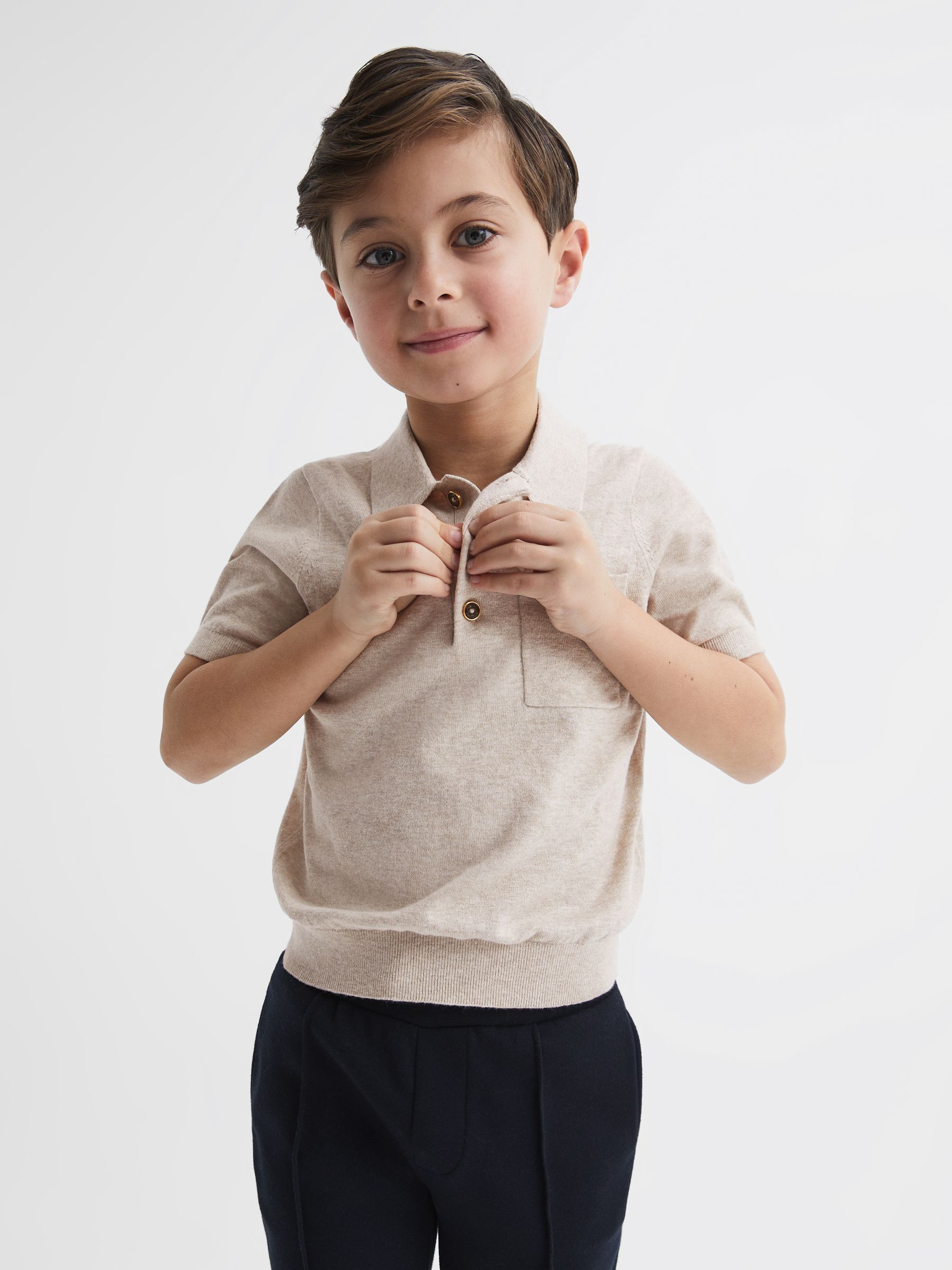 Buttoned Linen Polo in Oatmeal - Image 1 of 6