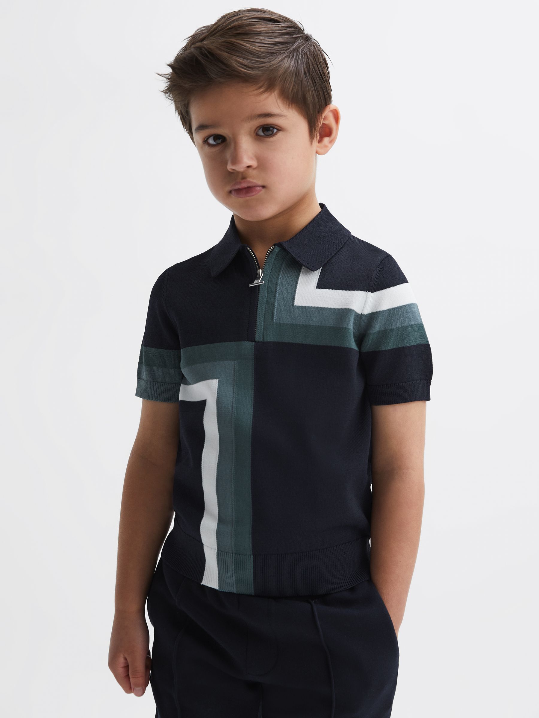 Junior Slim Fit Short Sleeve Half Zip Polo Shirt in Navy - Image 1 of 6 Junior Slim Fit Short Sleeve Half Zip Polo Shirt in Navy - Image 1 of 6