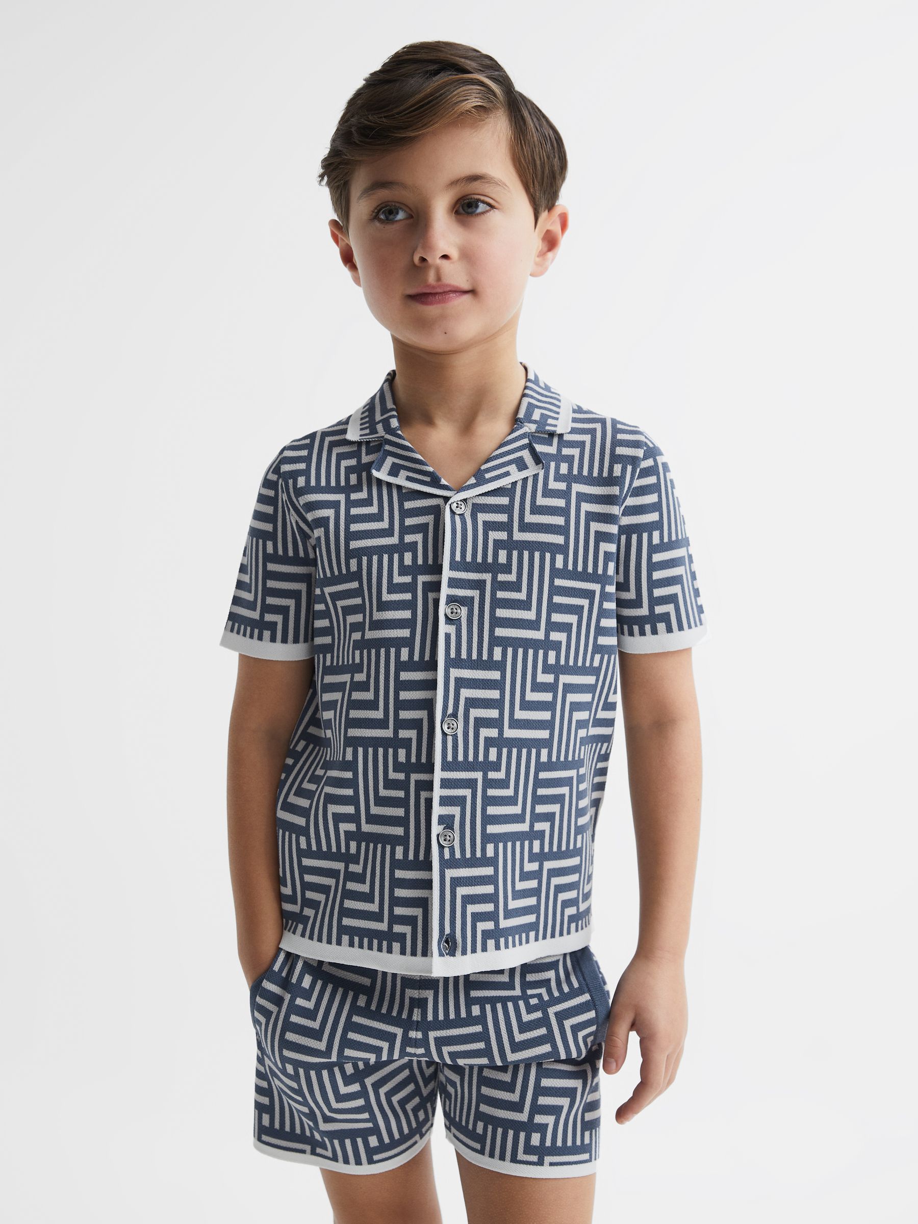 Junior Abstract Printed Cuban Collar Shirt in Airforce Blue - Image 1 of 7