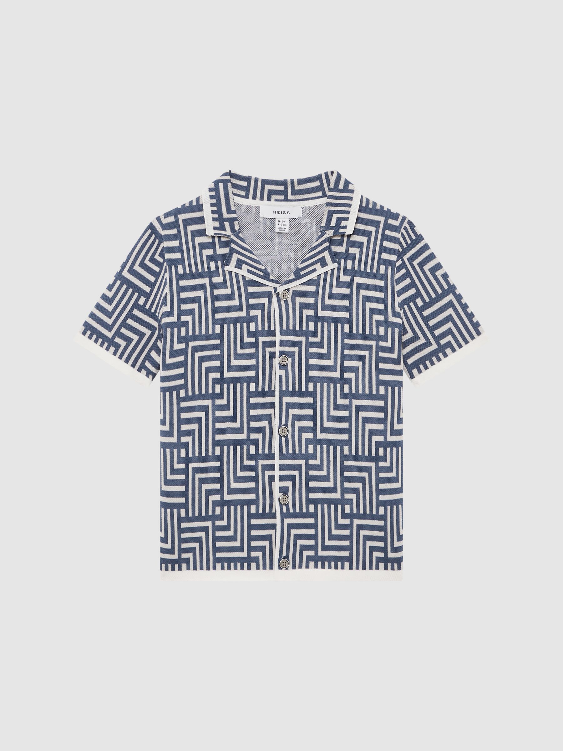 Junior Abstract Printed Cuban Collar Shirt in Airforce Blue - Image 2 of 7