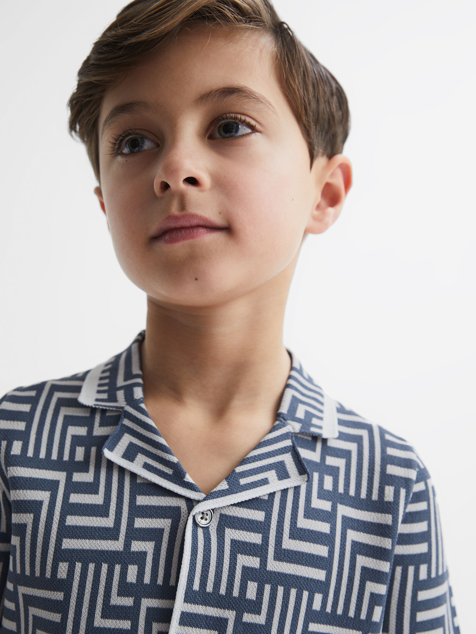 Junior Abstract Printed Cuban Collar Shirt in Airforce Blue - Image 4 of 7