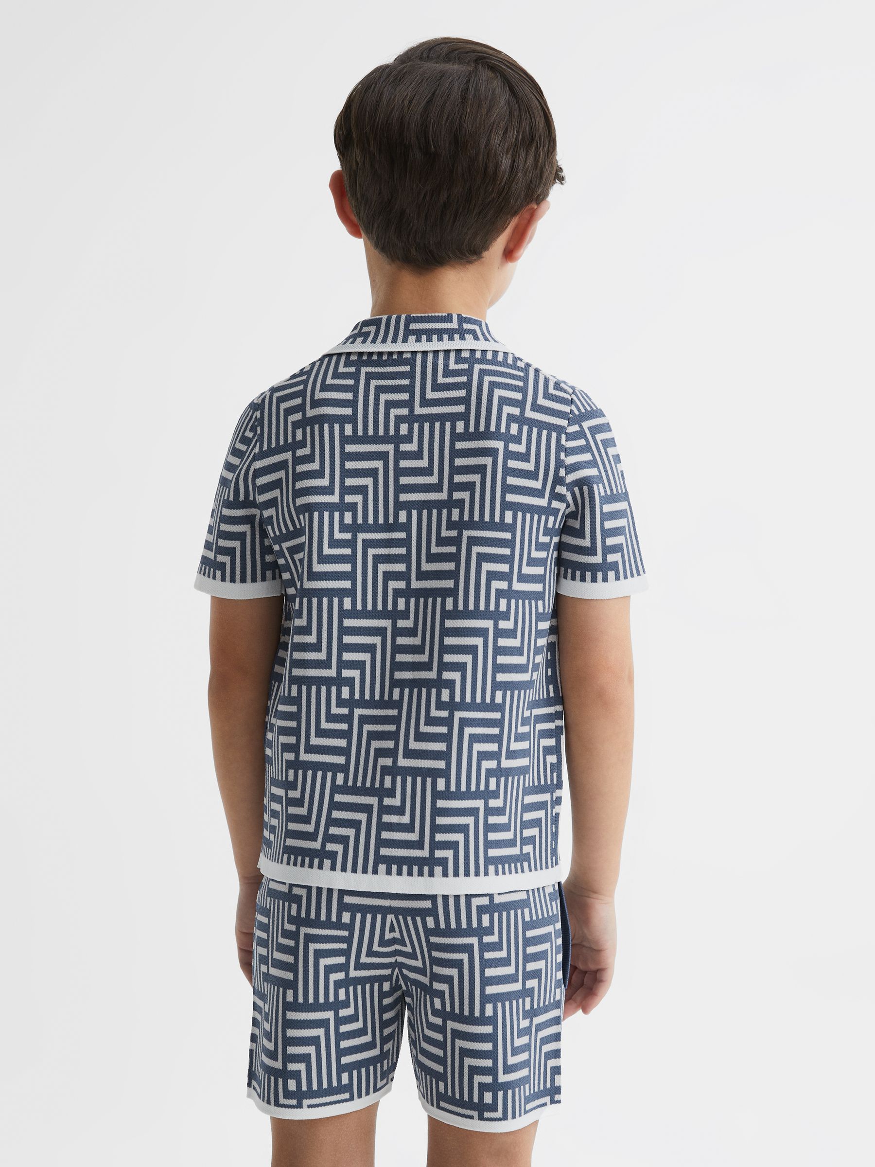 Junior Abstract Printed Cuban Collar Shirt in Airforce Blue - Image 5 of 7