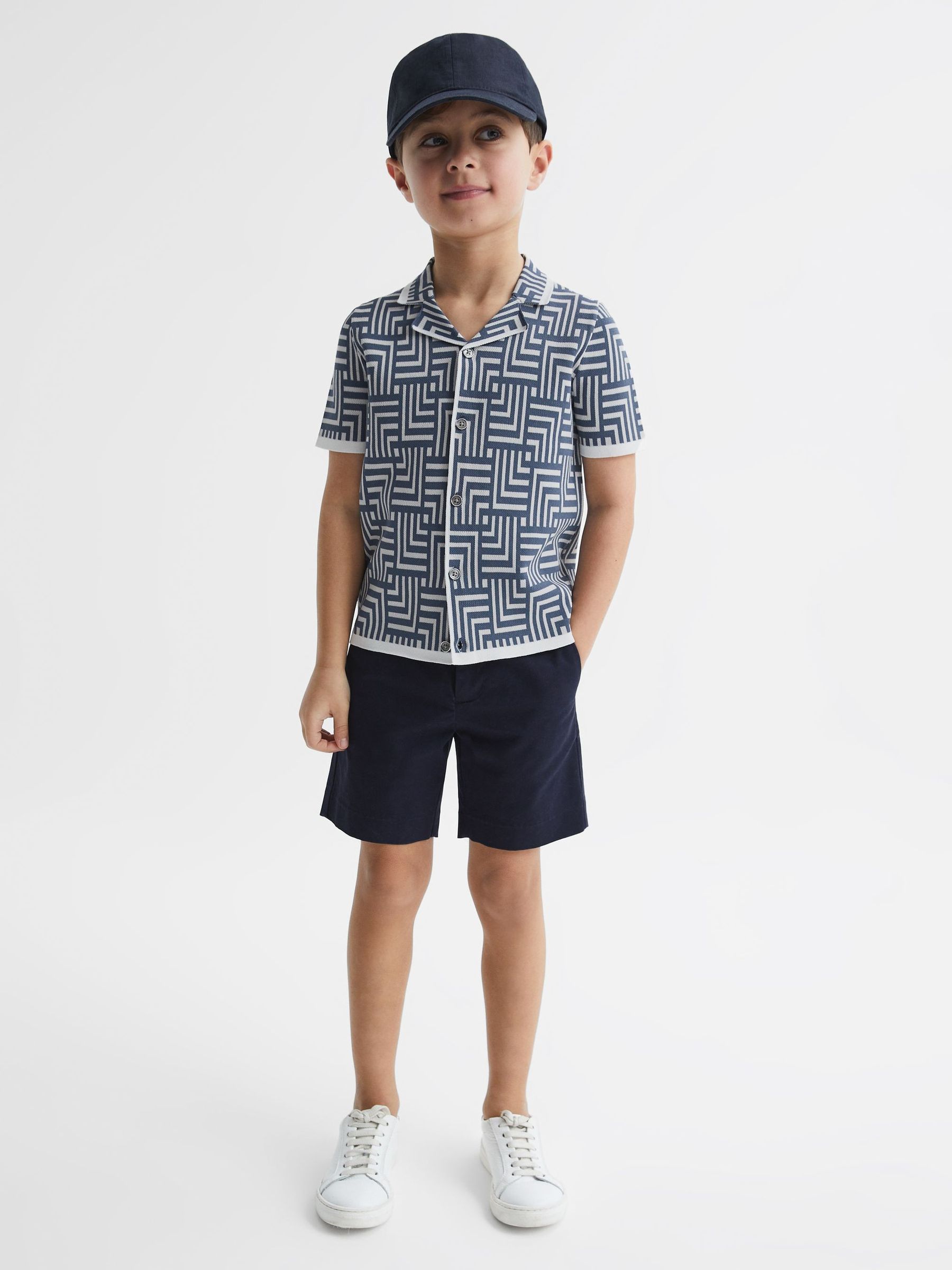 Junior Abstract Printed Cuban Collar Shirt in Airforce Blue - Image 6 of 7