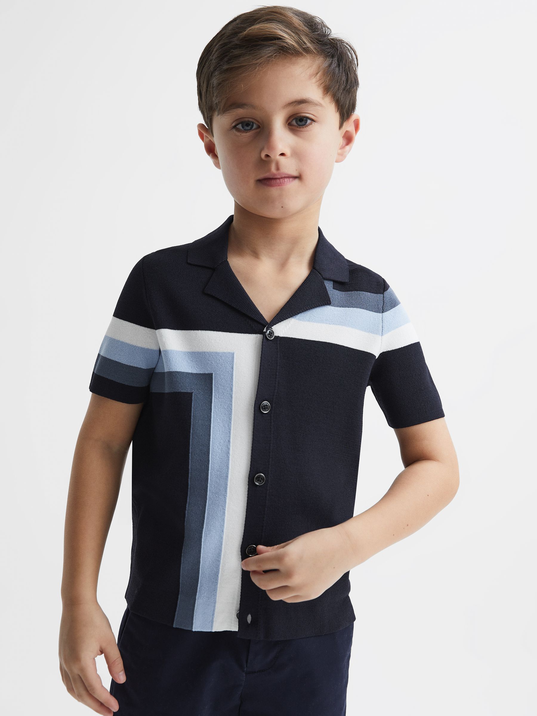 Cuban Collar Colourblock Shirt in Navy - Image 3 of 6