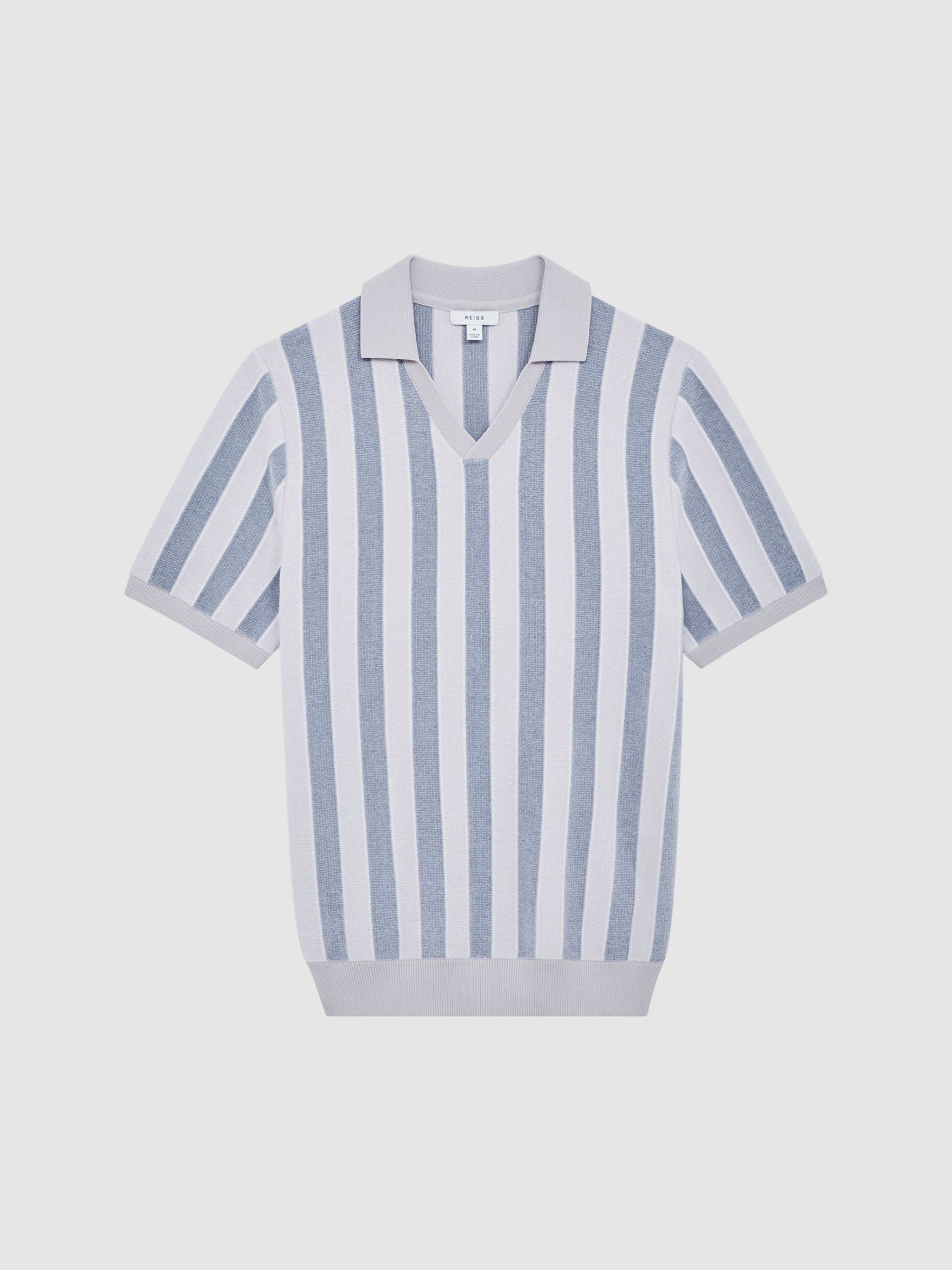 Short Sleeve Open Collar Chenille Polo Shirt in Ice Grey/Blue - Image 2 of 7