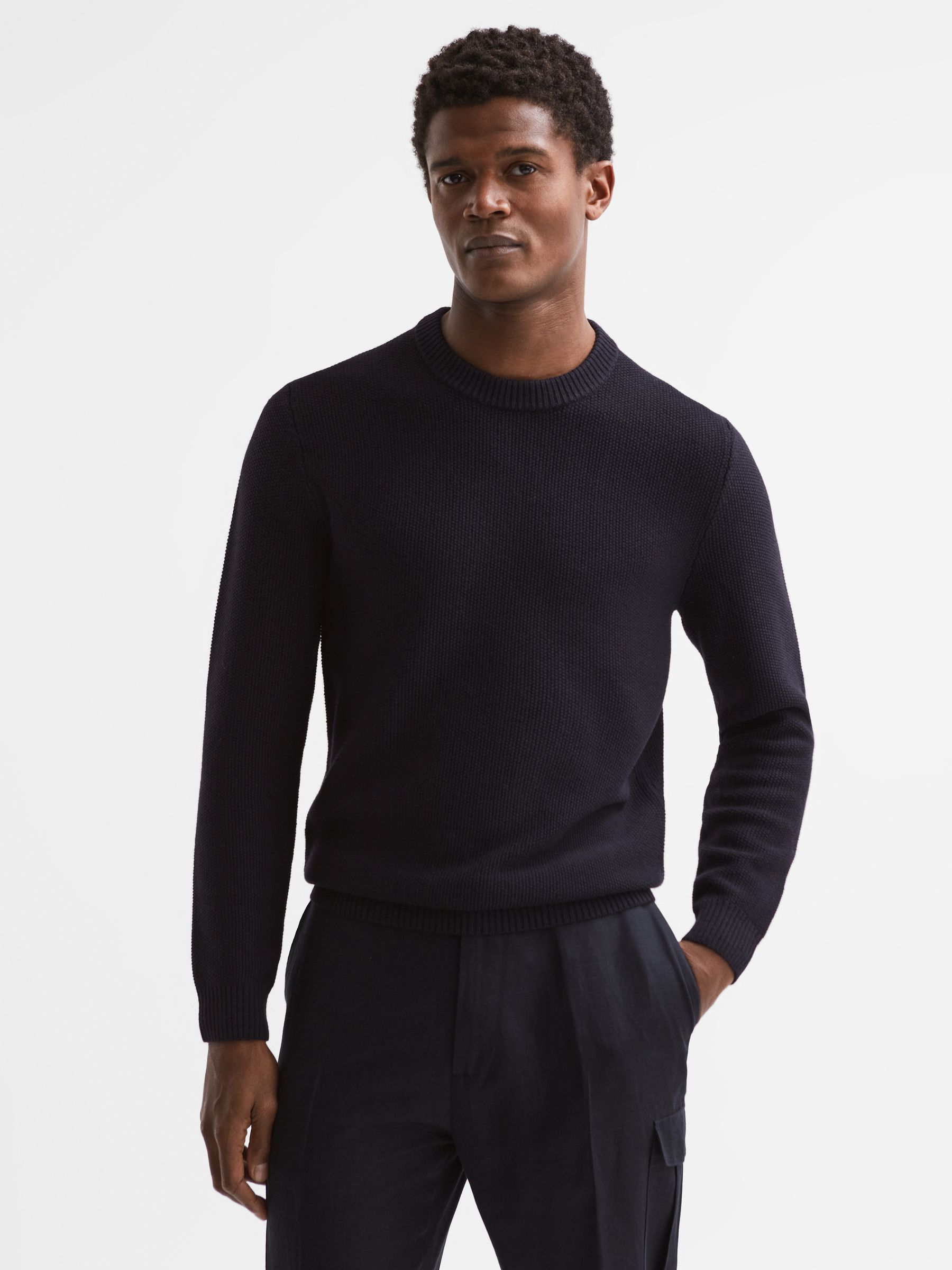 Ribbed Crew Neck Jumper in Navy - Image 1 of 6