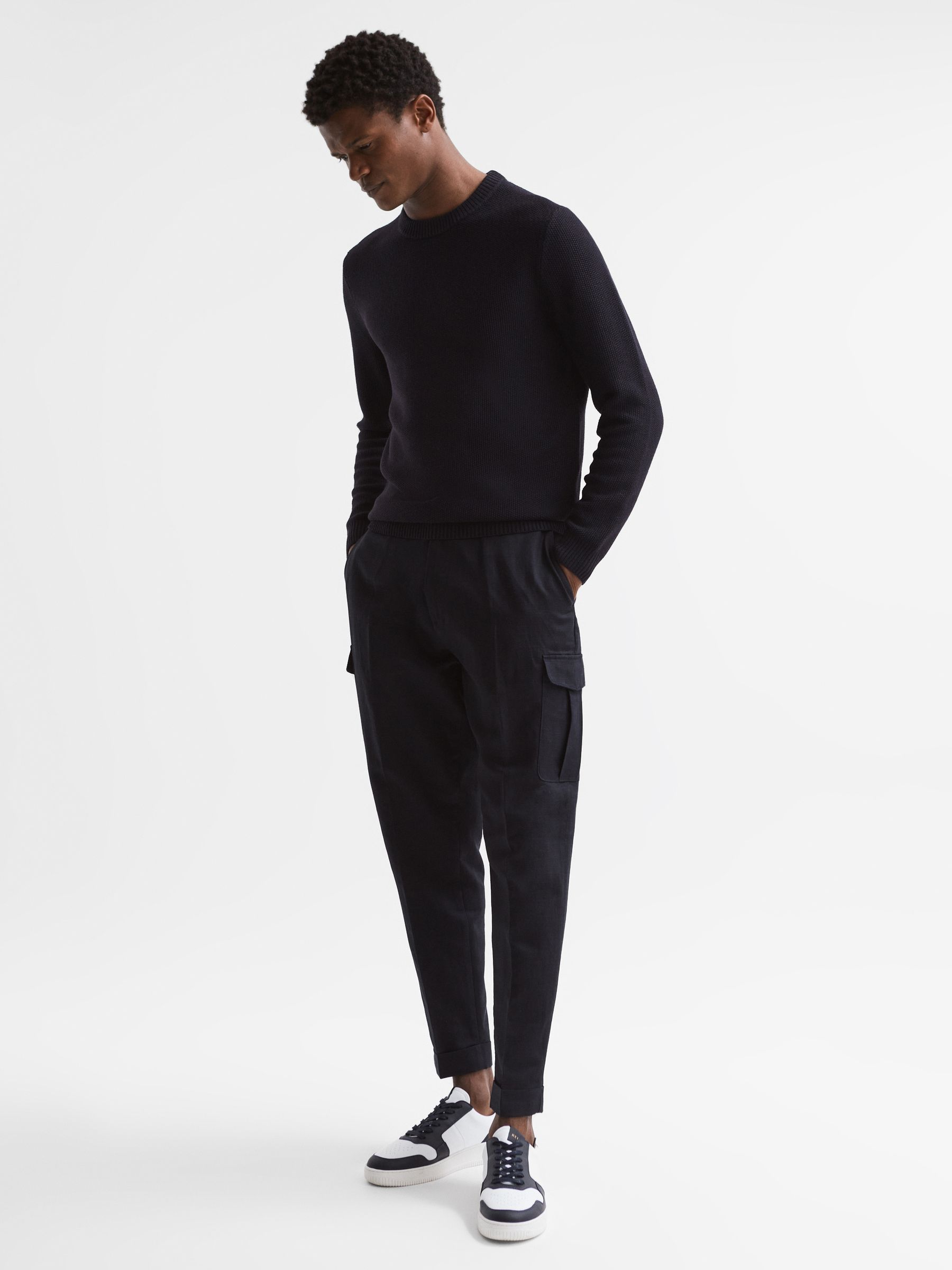 Ribbed Crew Neck Jumper in Navy - Image 3 of 6