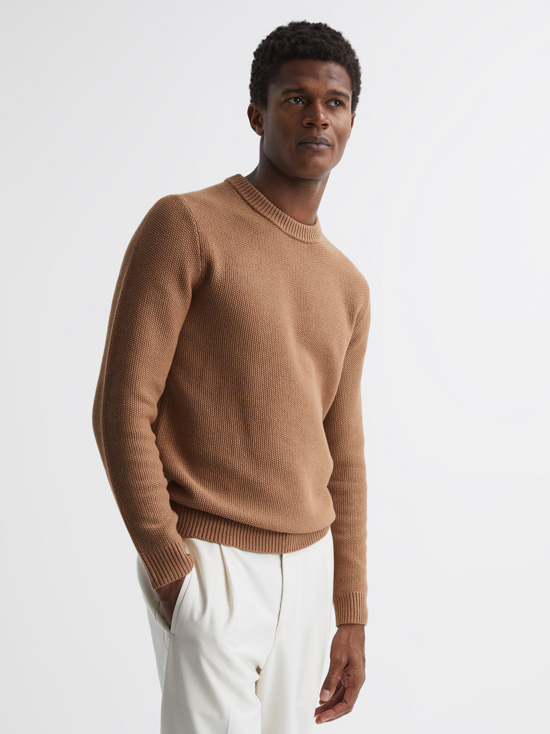 Ribbed Crew Neck Jumper in Camel - Image 1 of 6