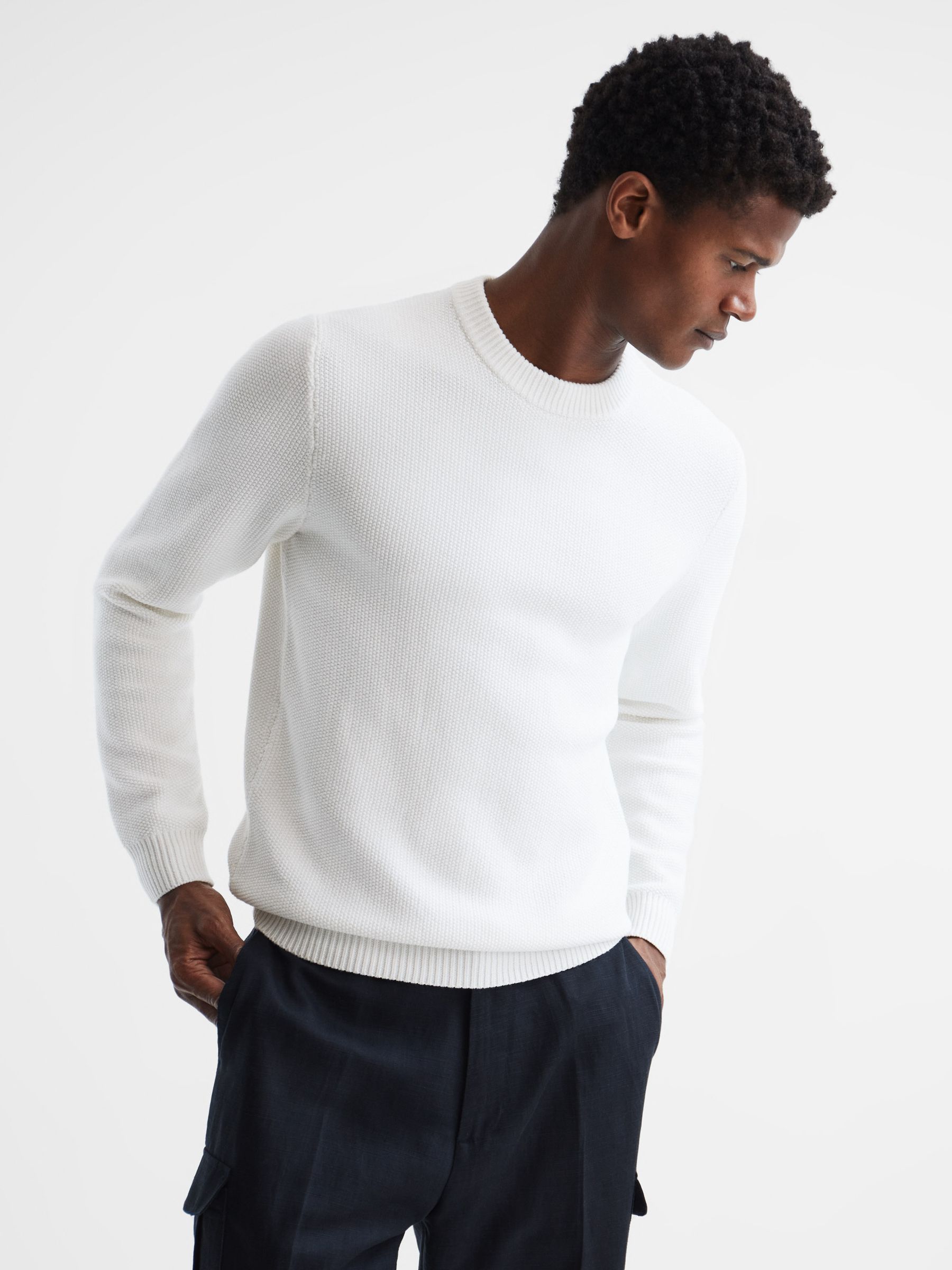 Ribbed Crew Neck Jumper in Ecru - Image 1 of 10