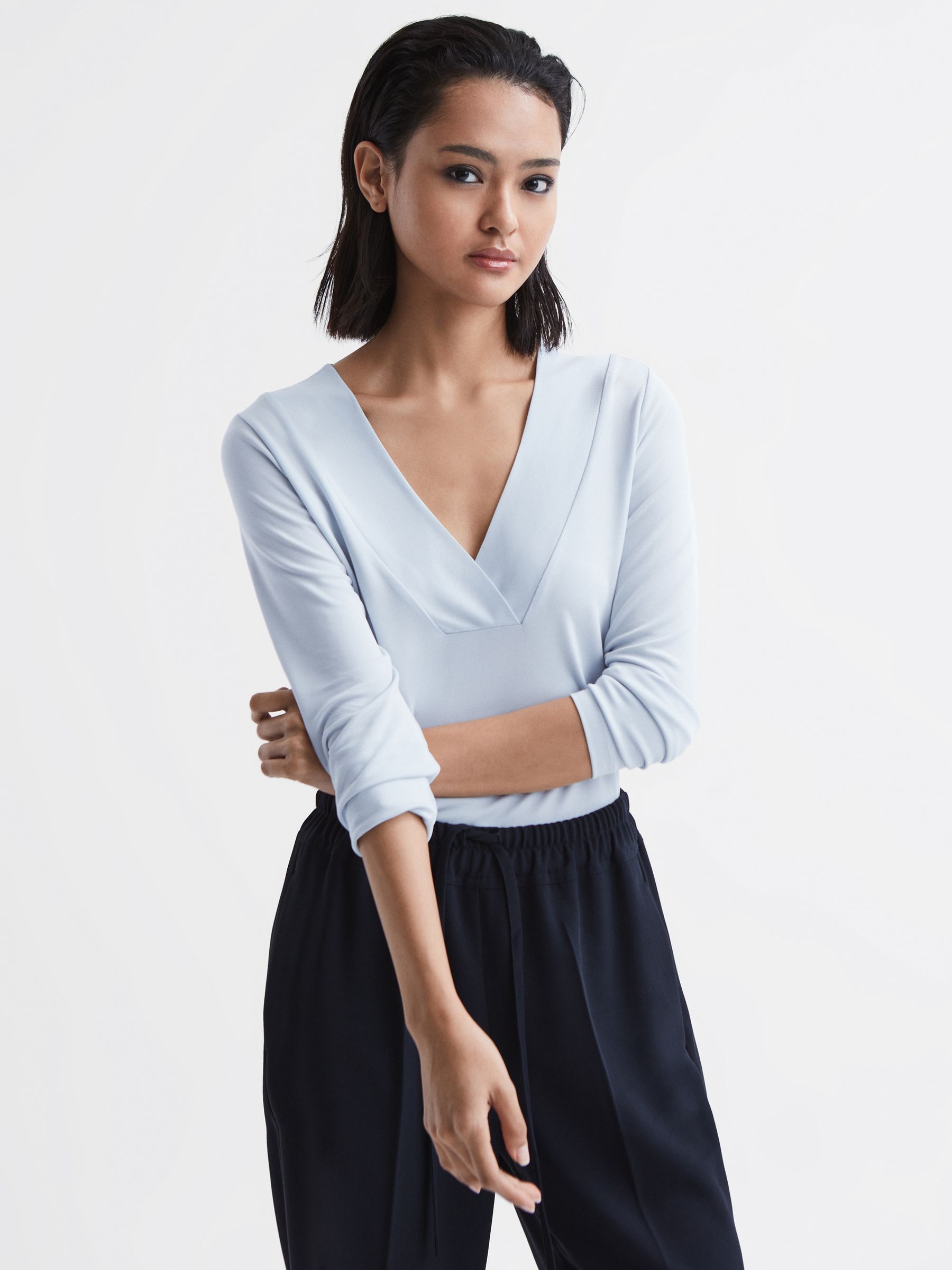 V-Neck Long Sleeve Blouse in Blue - Image 1 of 6