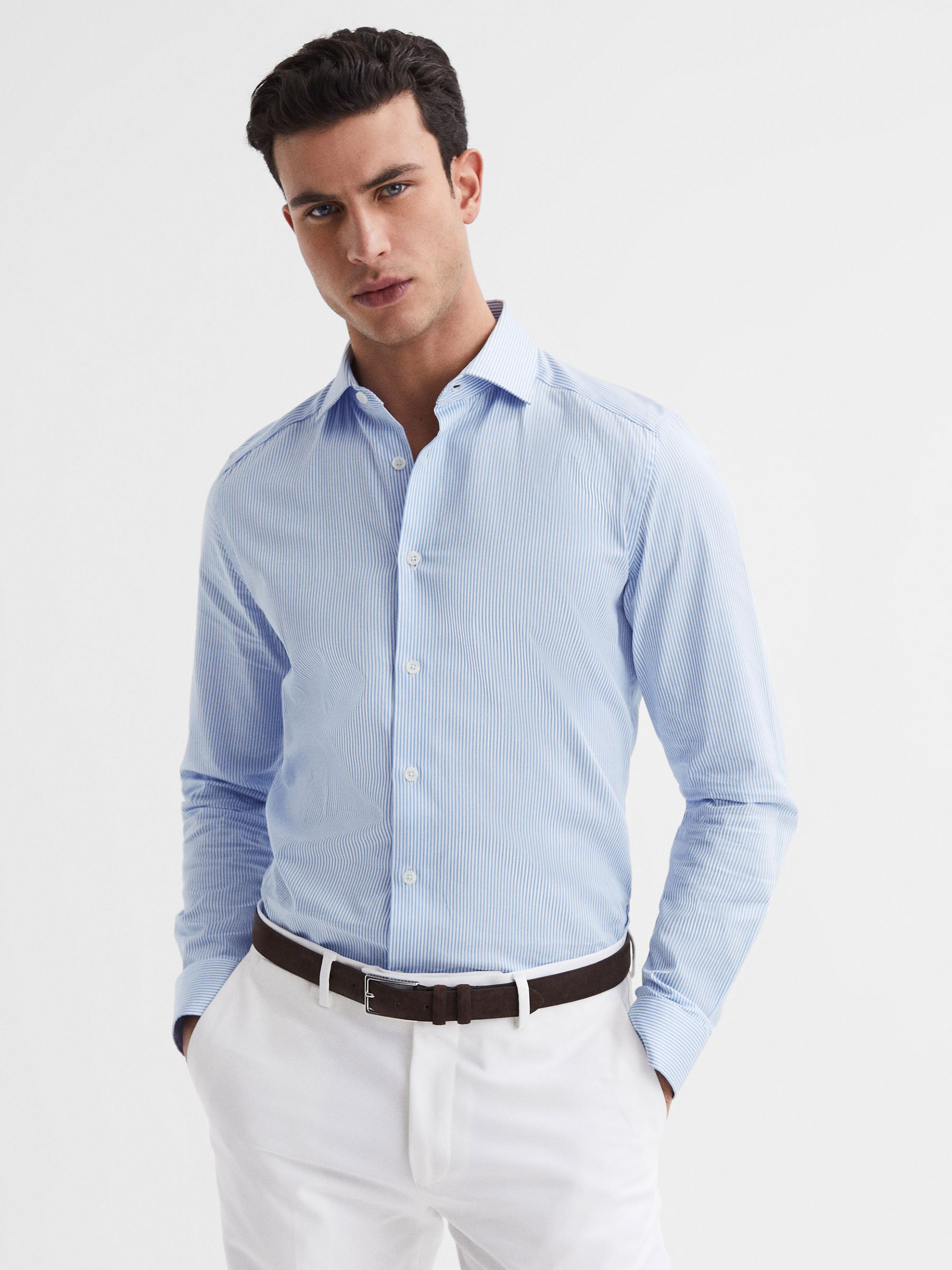 Striped Cotton Slim Fit Shirt in Blue Stripe - Image 1 of 5
