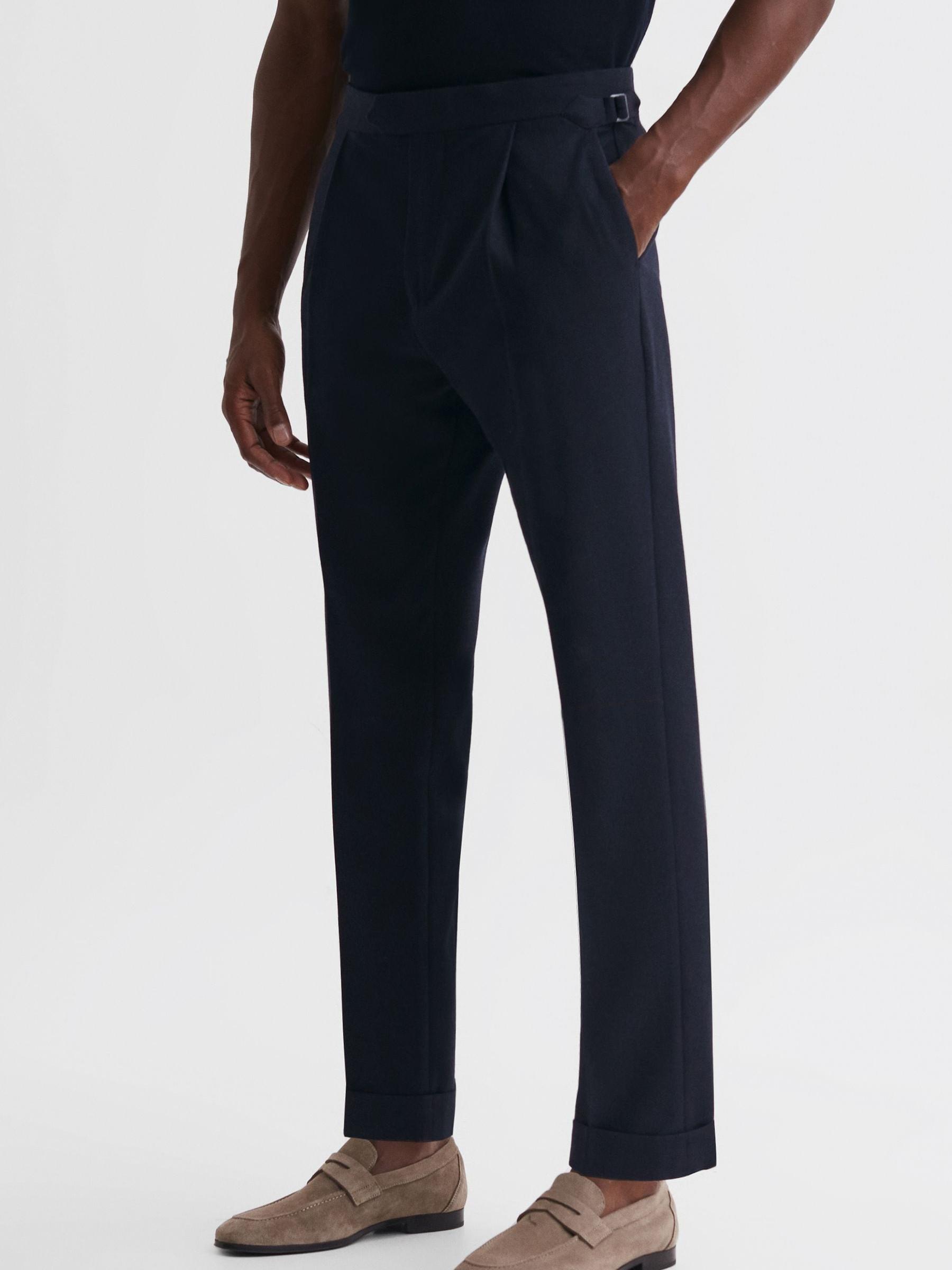 Adjustable Tapered Fit Trousers with Turn-Ups in Navy - Image 1 of 1