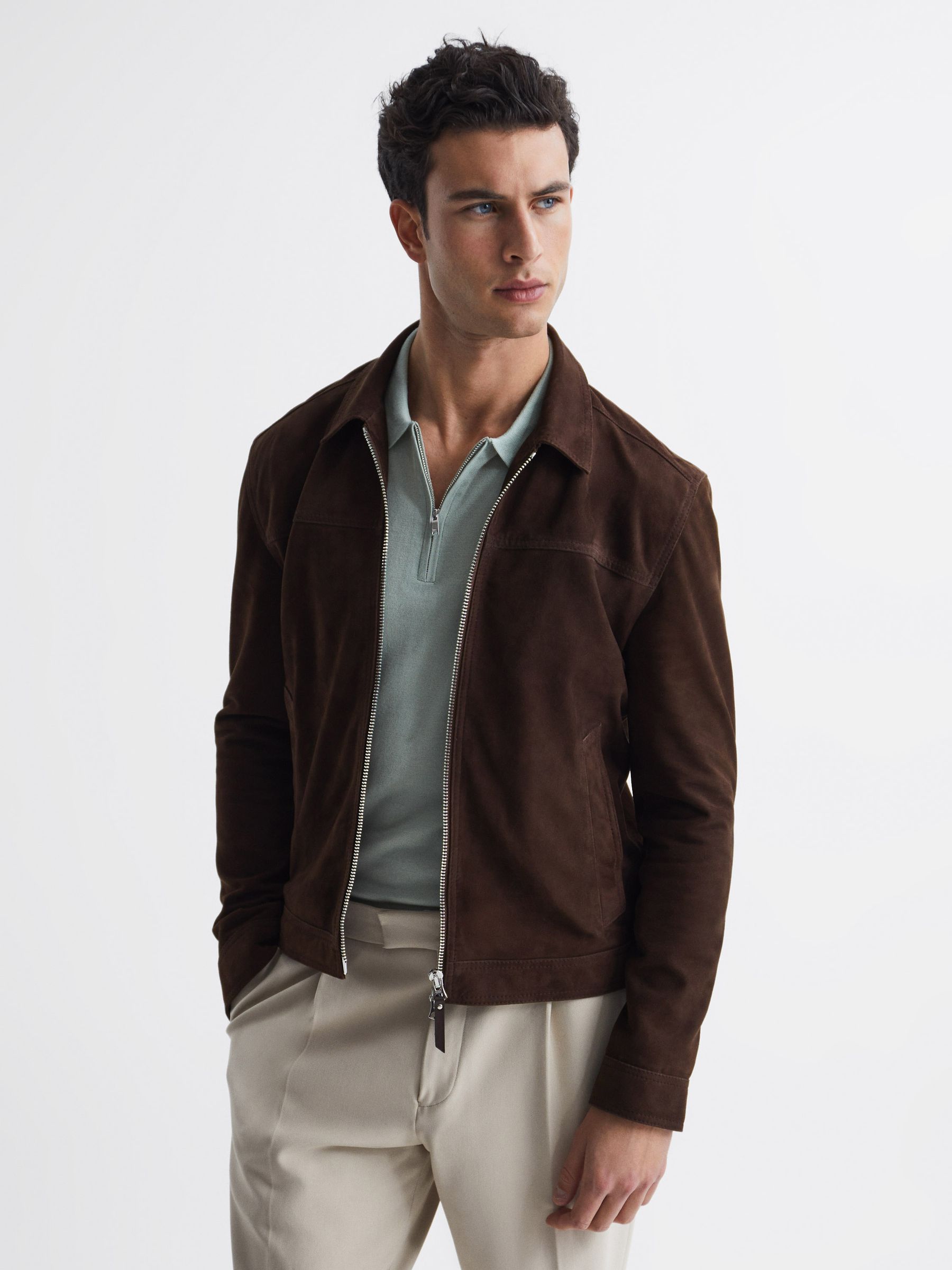 Suede Zip-Through Jacket in Chocolate - Image 1 of 7
