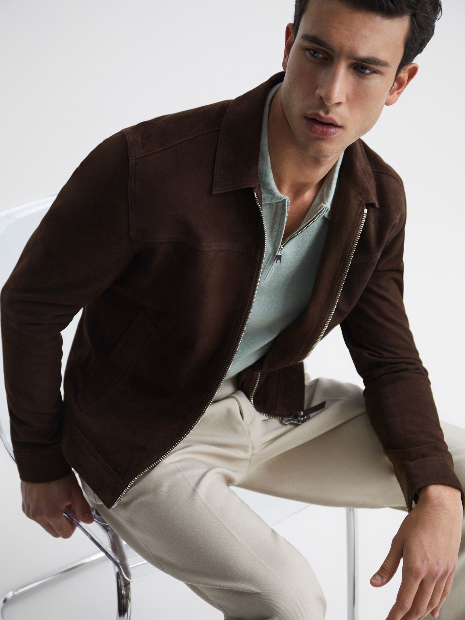 Suede Zip-Through Jacket in Chocolate - Image 6 of 7