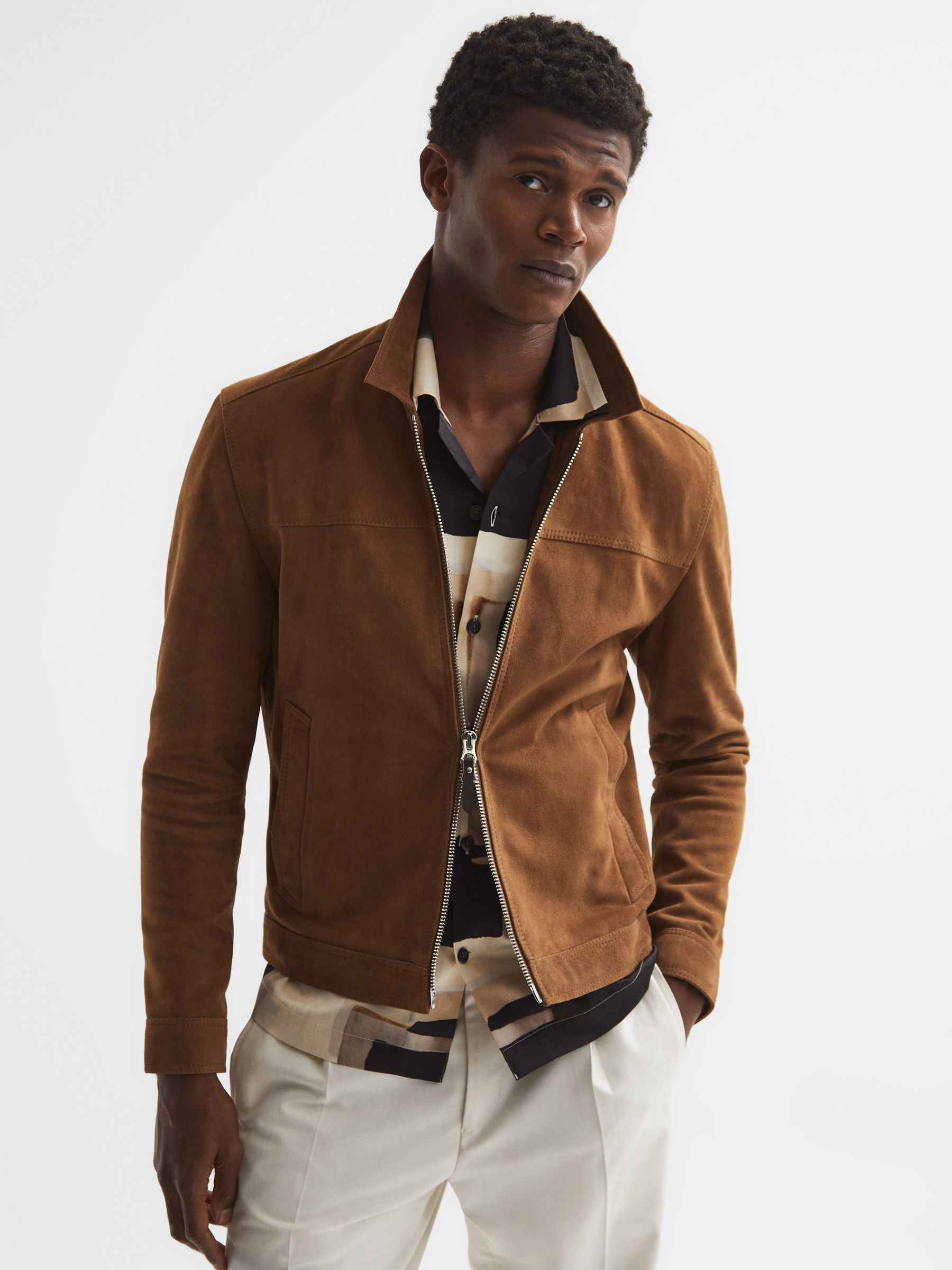 Suede Zip-Through Jacket in Tobacco - Image 1 of 7