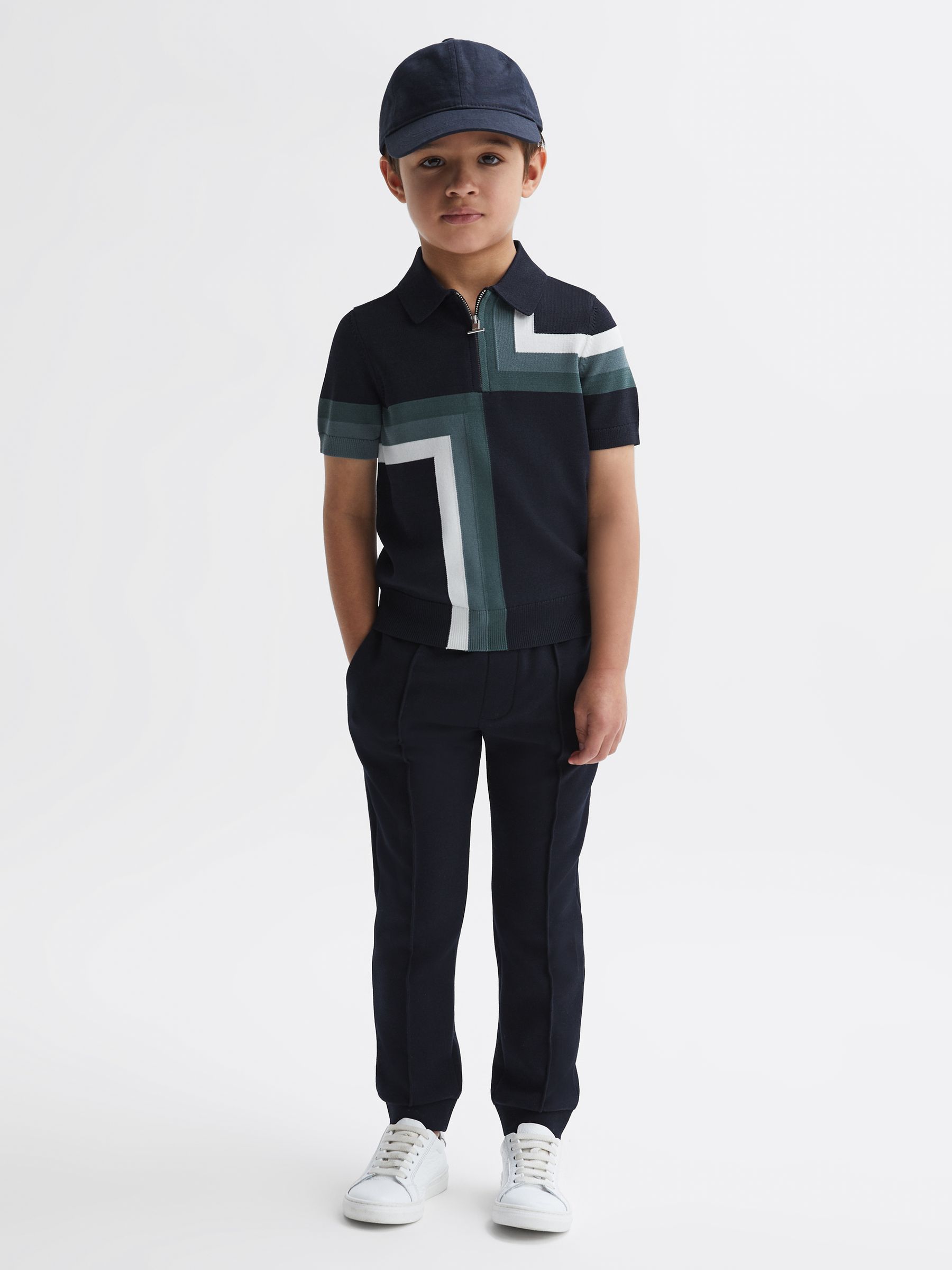 Slim Fit Short Sleeve Half Zip Polo Shirt in Navy - Image 1 of 6