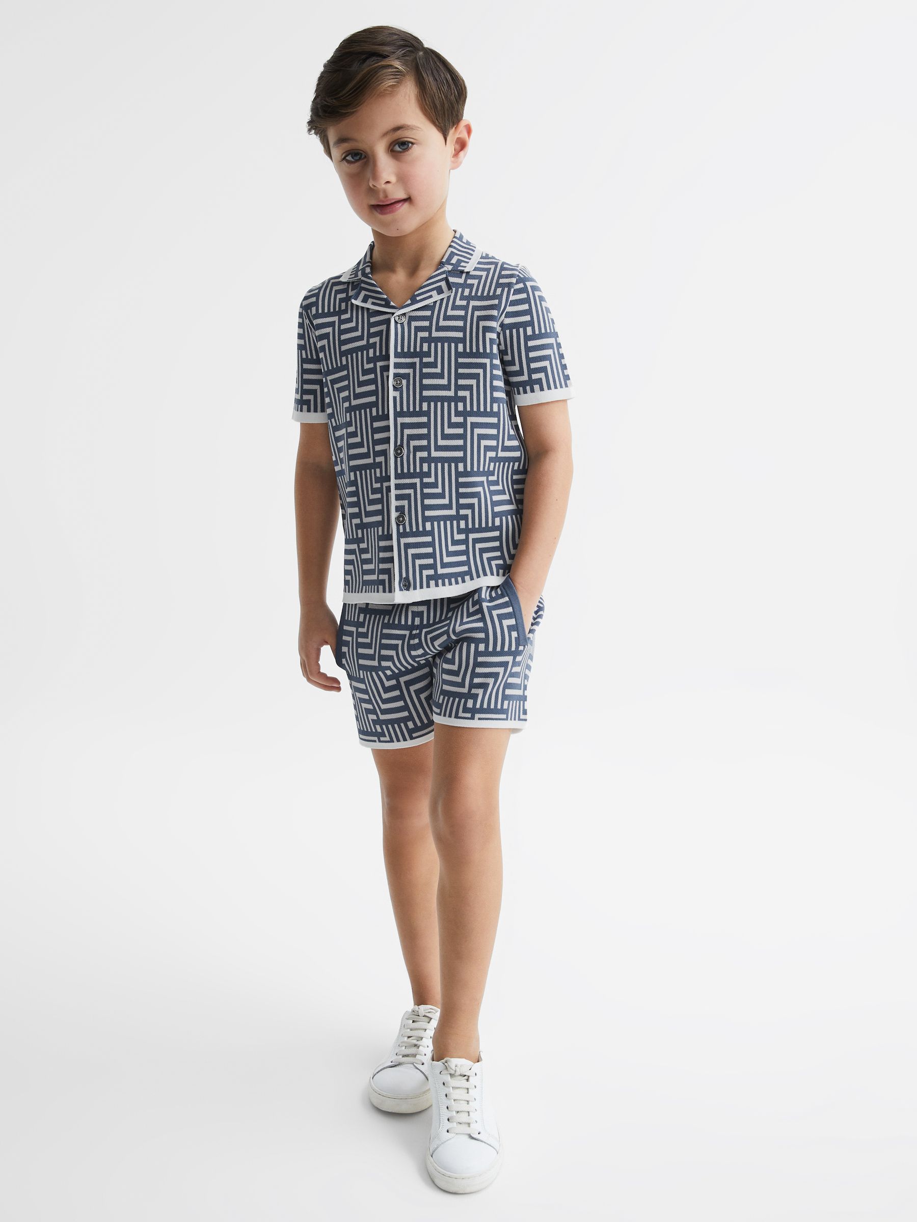 Senior Abstract Printed Cuban Collar Shirt in Airforce Blue - Image 1 of 7