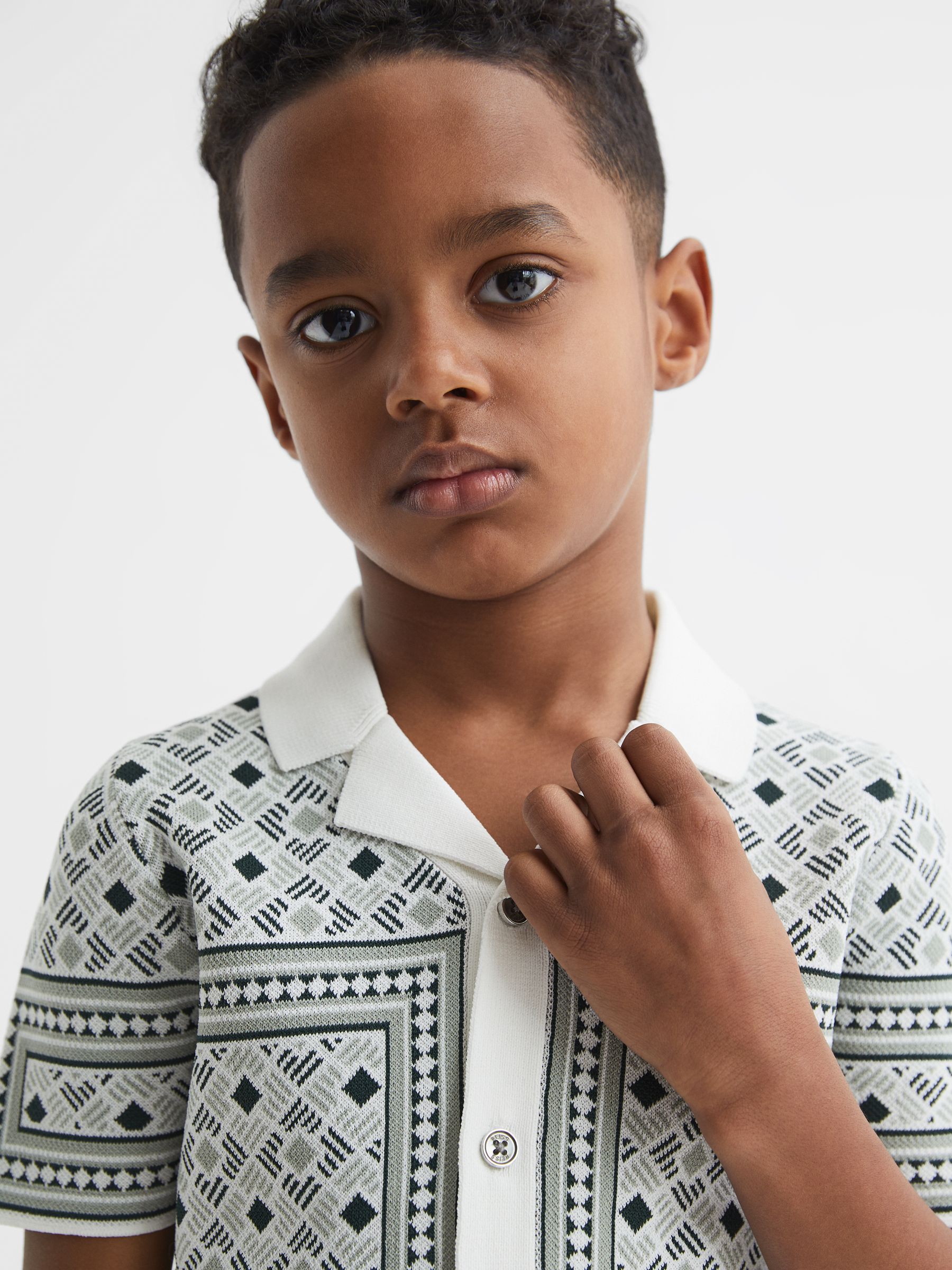 Senior Abstract Printed Cuban Collar Shirt in Sage - Image 4 of 6