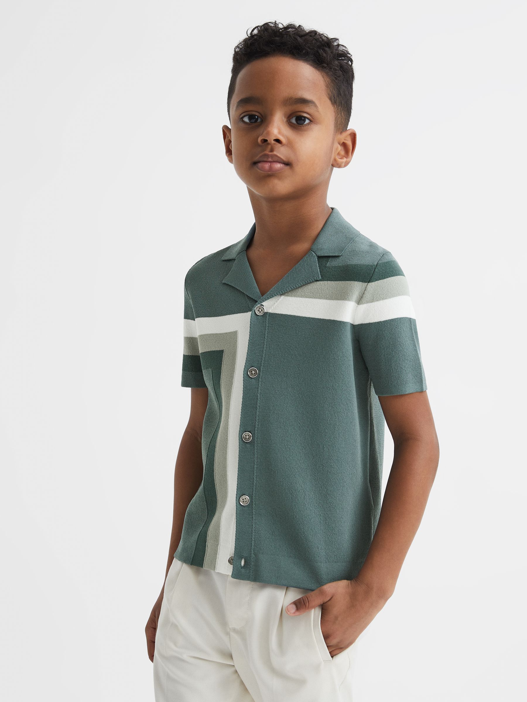 Cuban Collar Colourblock Shirt in Sage - Image 1 of 6