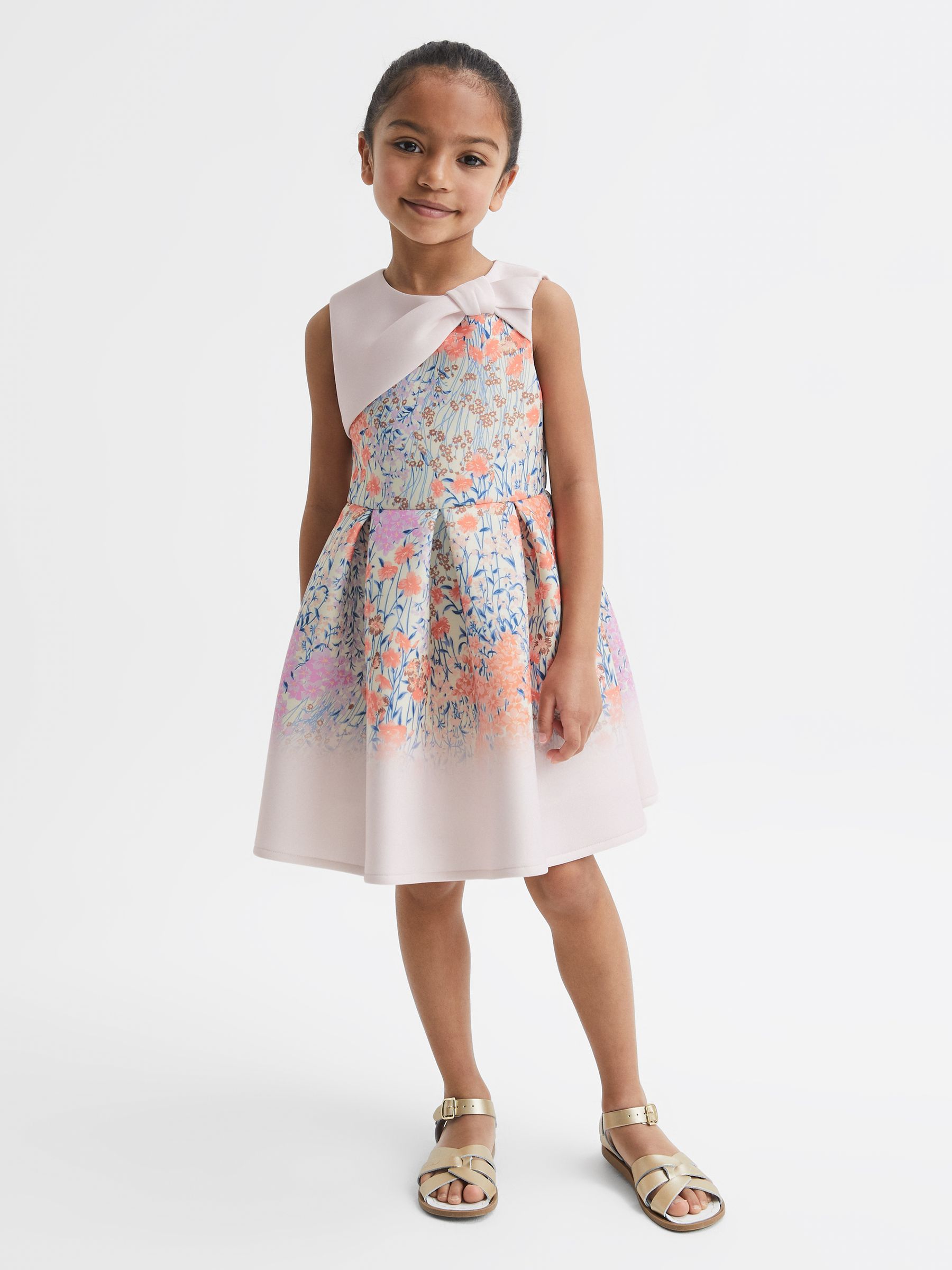 9-14 yrs Scuba Floral Printed Dress in Pale Pink - Image 1 of 6