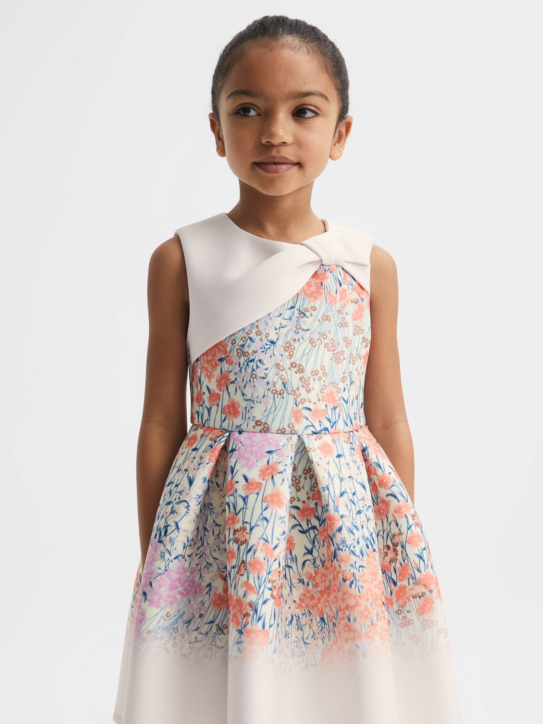 9-14 yrs Scuba Floral Printed Dress in Pale Pink - Image 4 of 6