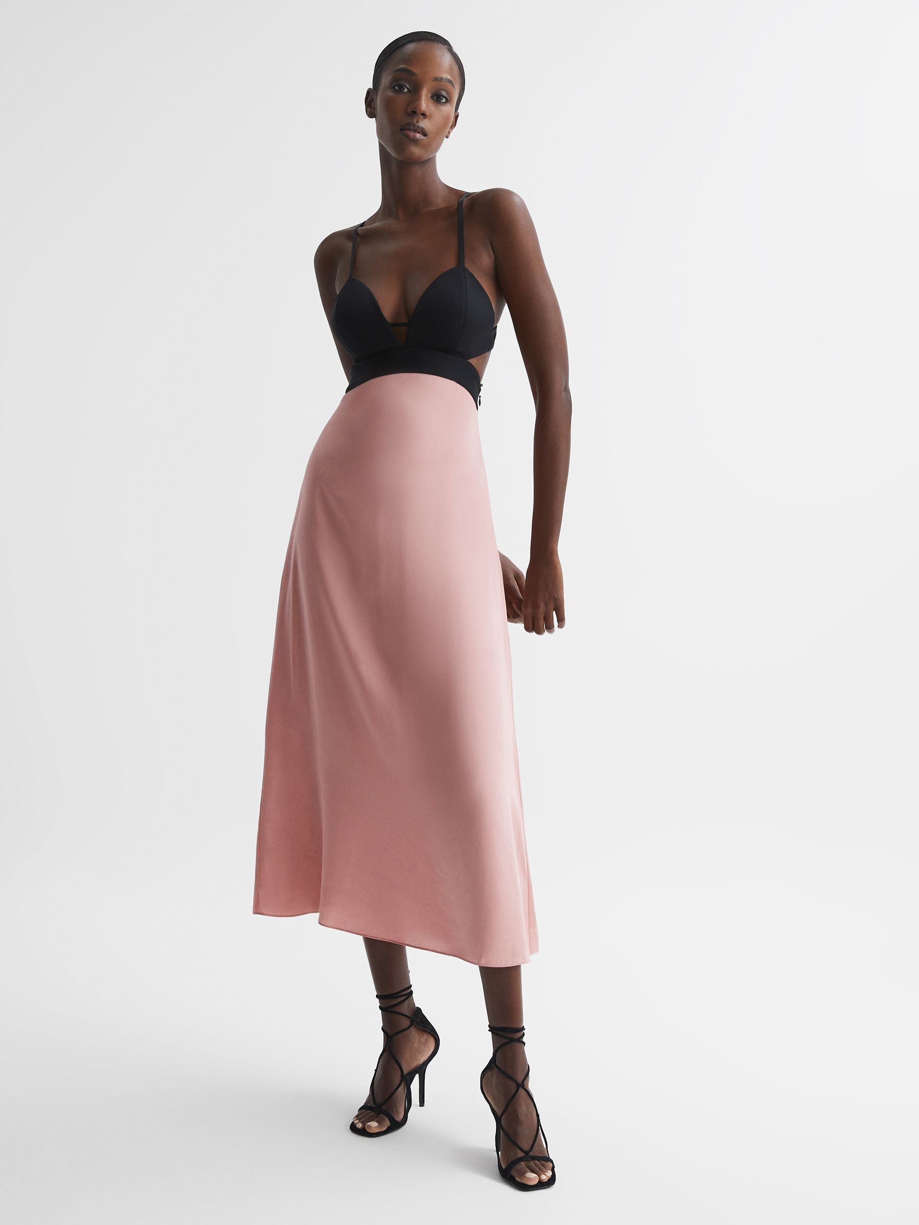 Reiss Strappy Cut-Out Midi Dress in Pink - REISS Reiss Strappy Cut-Out Midi Dress in Pink - REISS